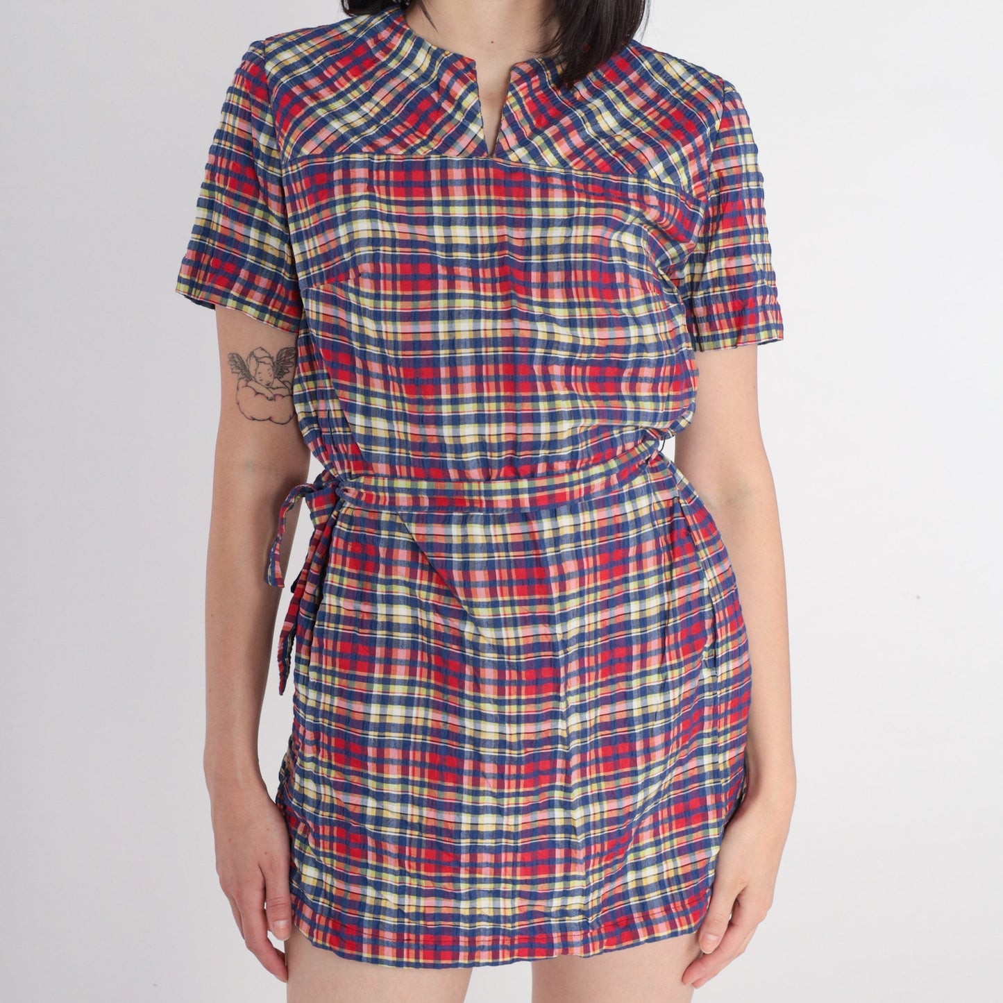 60s Plaid Mini Dress High Waisted Mod Red Blue Checkered Medium M
