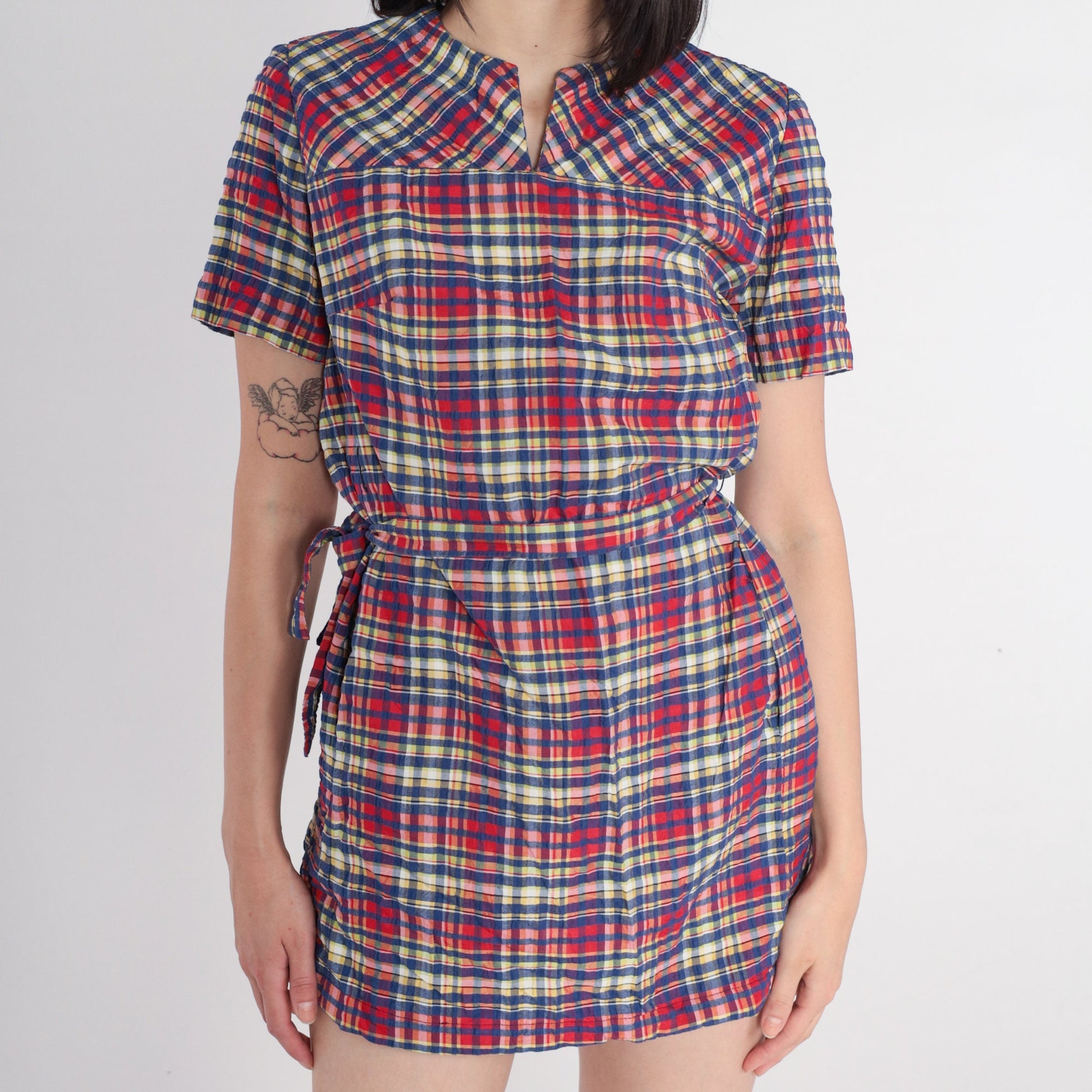 60s Plaid Mini Dress High Waisted Mod Red Blue Checkered Medium M