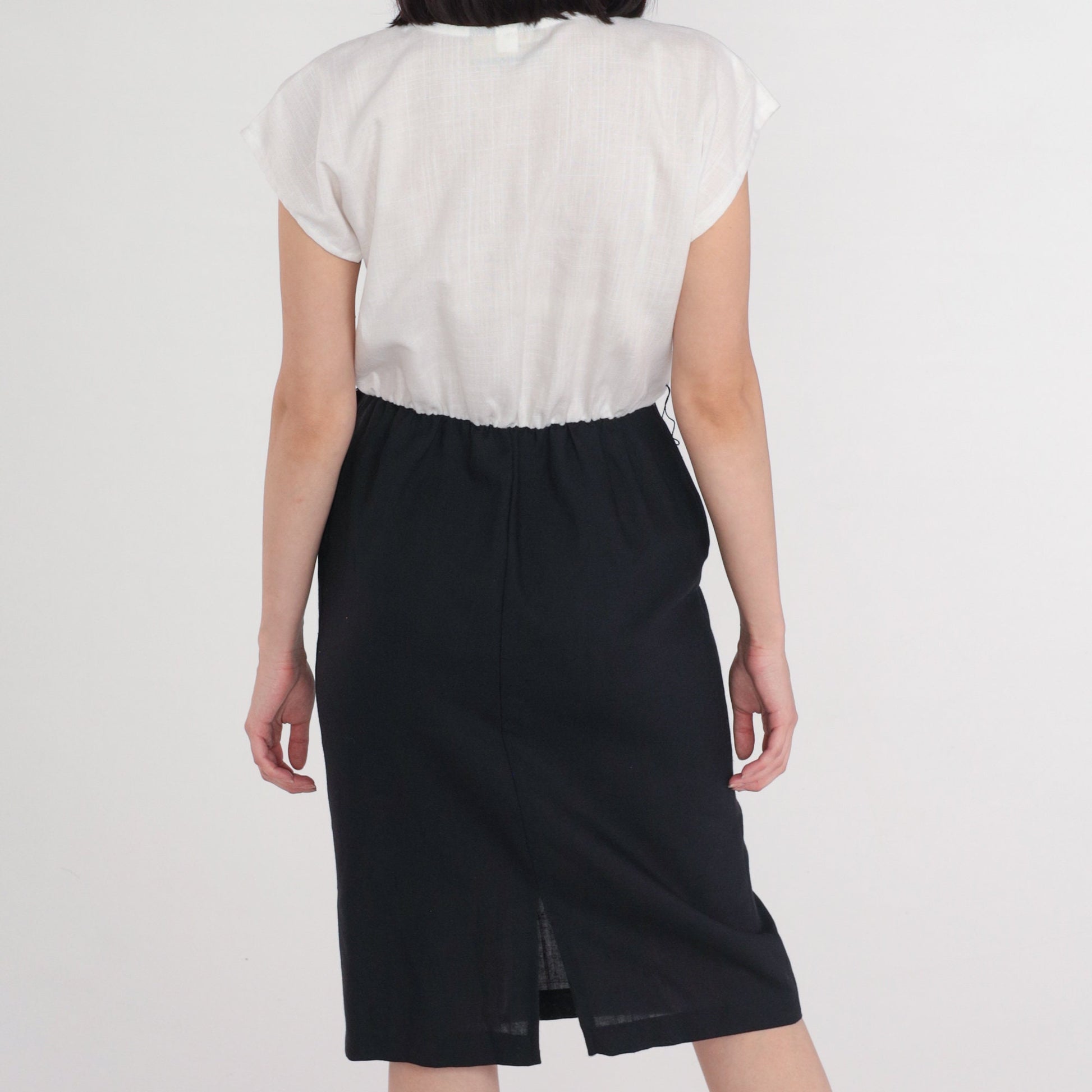 80s Justin Thyme Button-Up Midi Dress Black White Cap Sleeve Medium