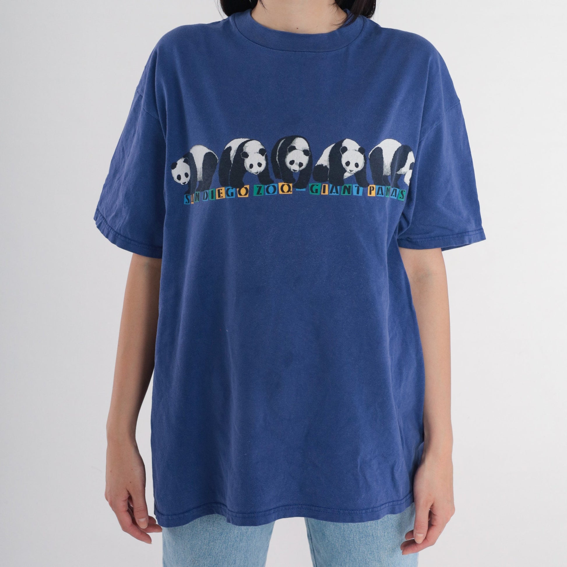 90s San Diego Zoo Giant Panda Graphic T-Shirt Blue Front Back Print Extra Large