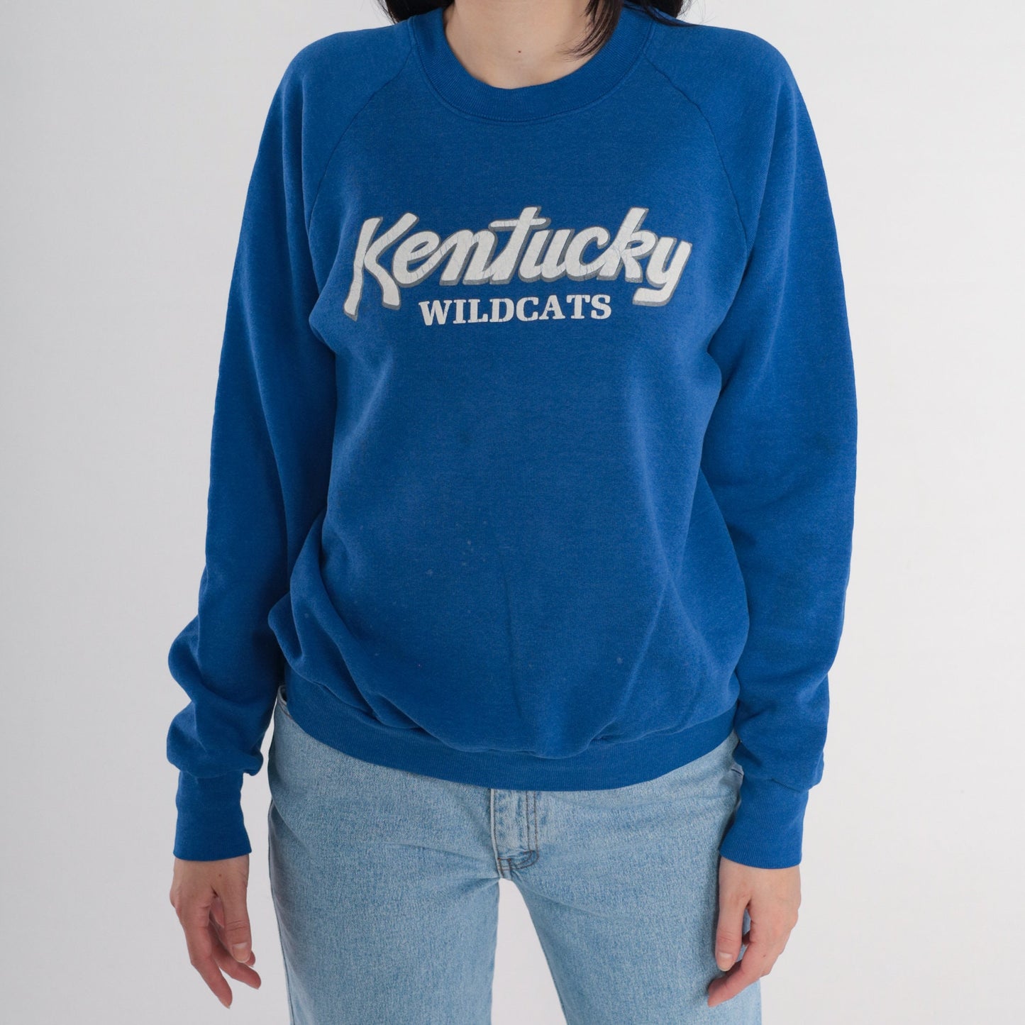 90s Kentucky Wildcats NCAA Basketball Sweatshirt Blue Raglan Large L