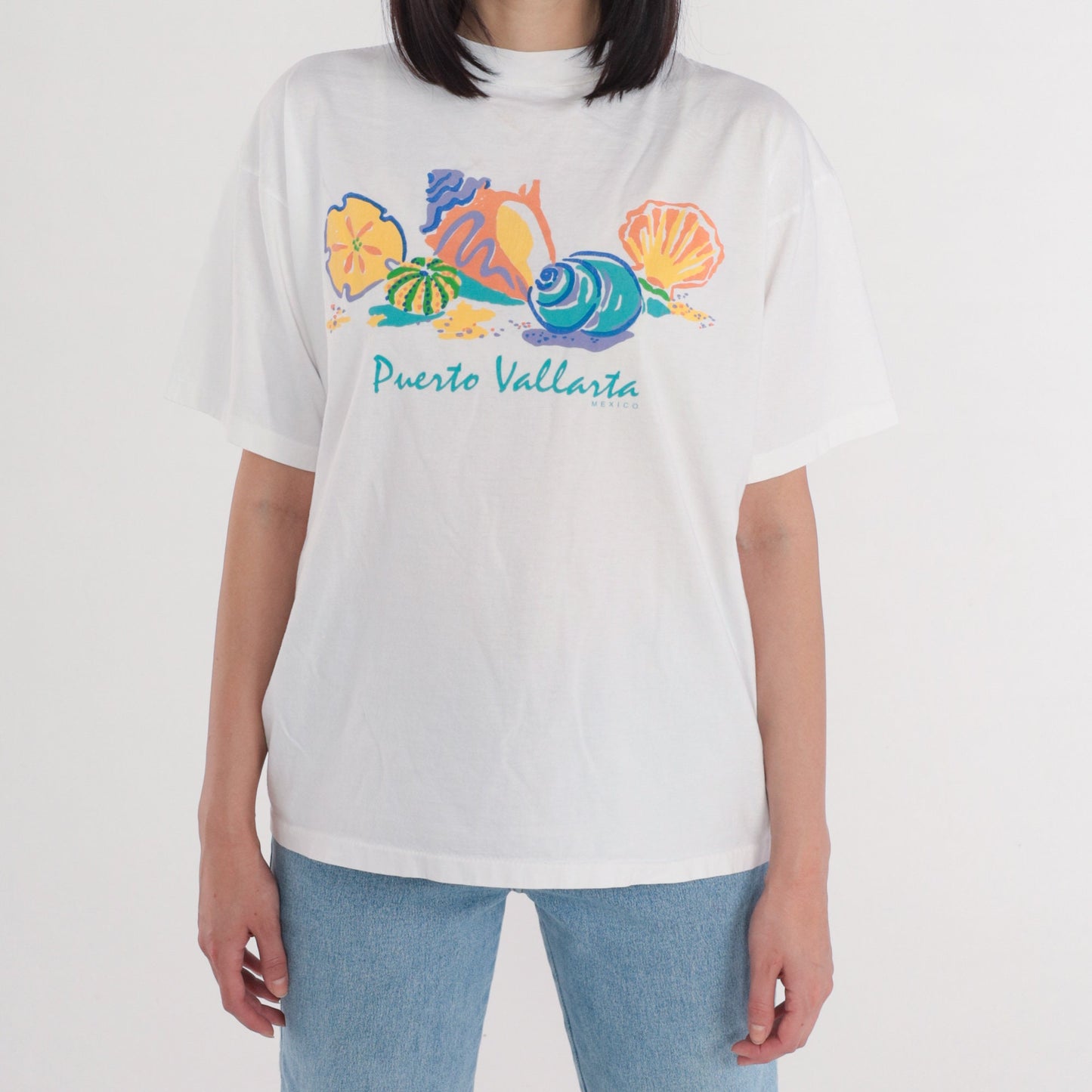 90s Puerto Vallarta Seashell Graphic T-Shirt White Single Stitch Extra Large
