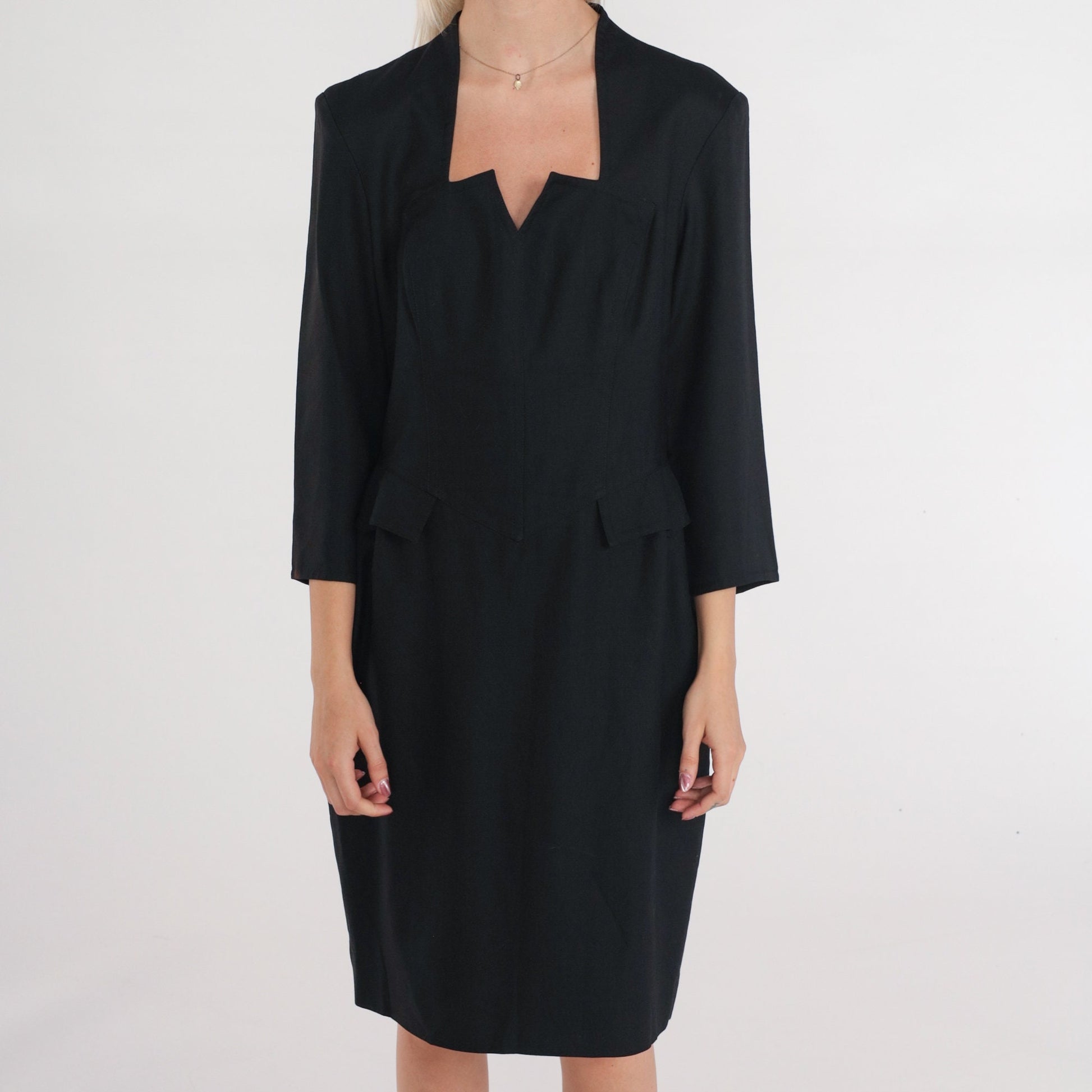 90s Black Sheath Dress Long Sleeve High Waist Knee Length Medium