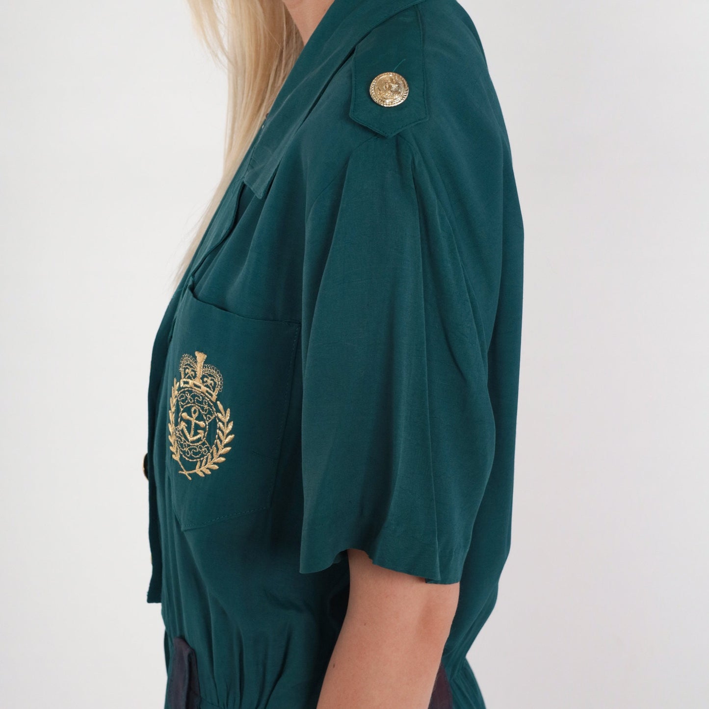 90s Nautical Teal Romper Wide Leg Button Up Epaulette Playsuit Large L