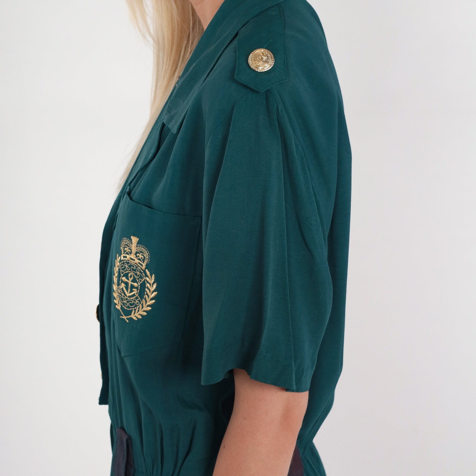 90s Nautical Teal Romper Wide Leg Button Up Epaulette Playsuit Large L