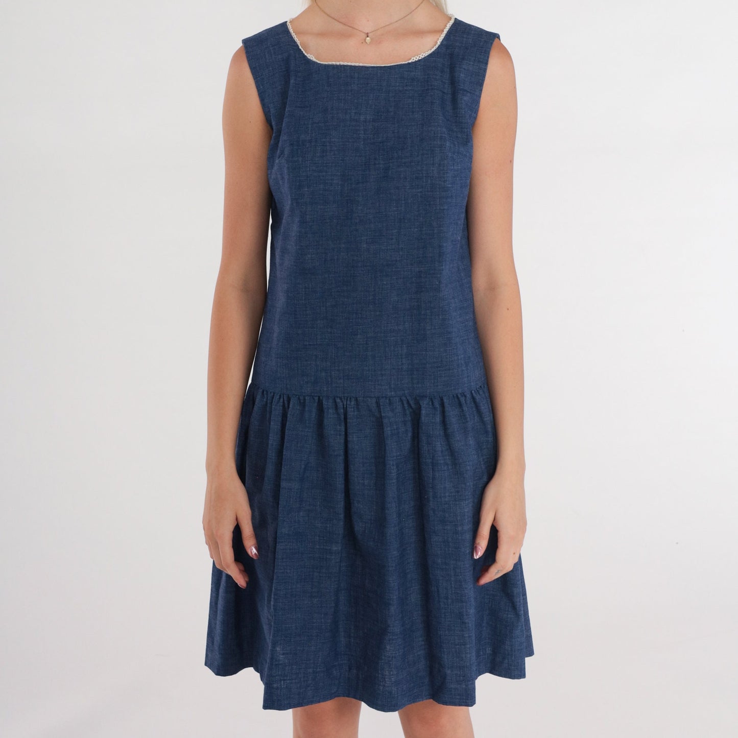 60s Mod Dark Blue Cotton Mini Shift Dress Drop Waist Sleeveless Extra Small