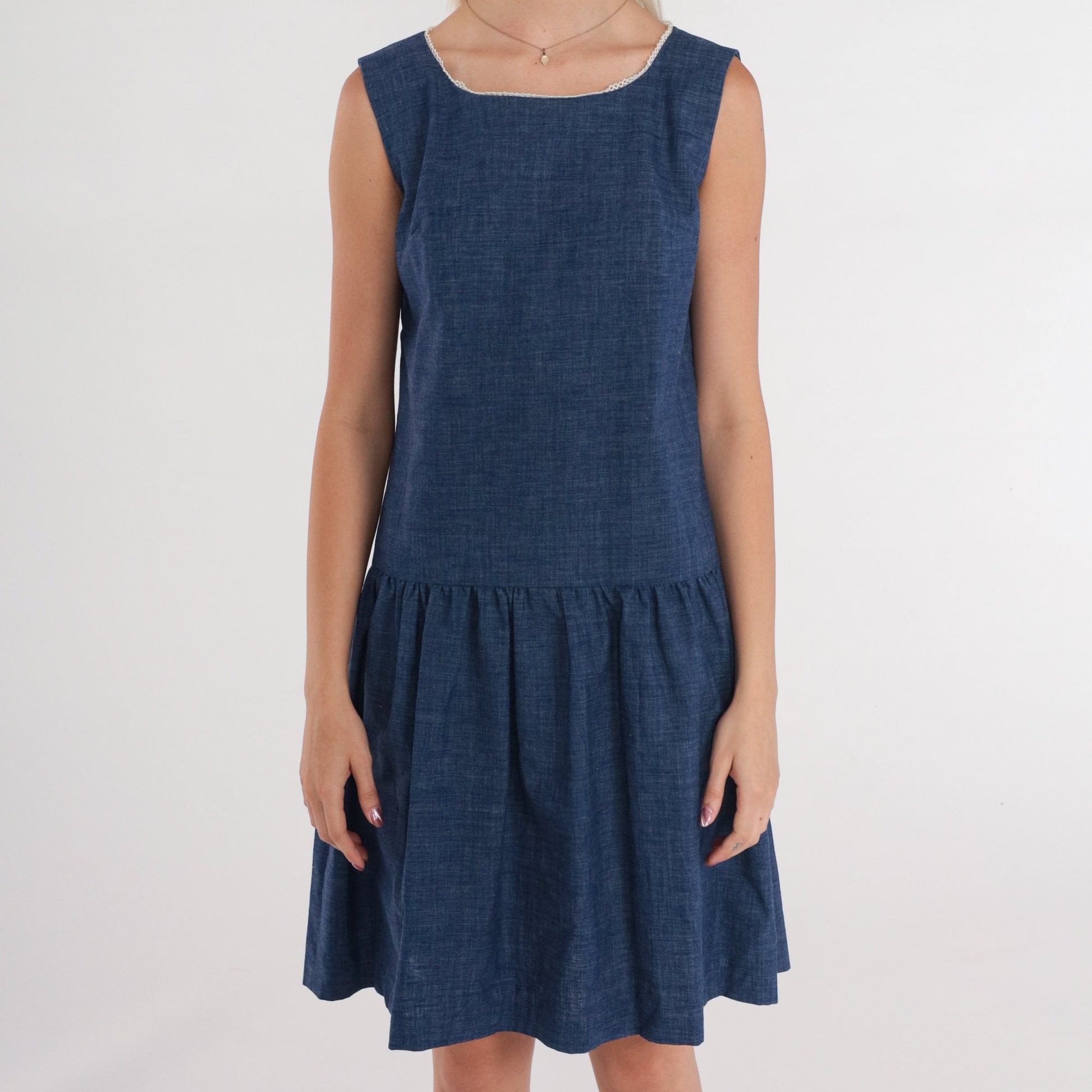 60s Mod Dark Blue Cotton Mini Shift Dress Drop Waist Sleeveless Extra Small