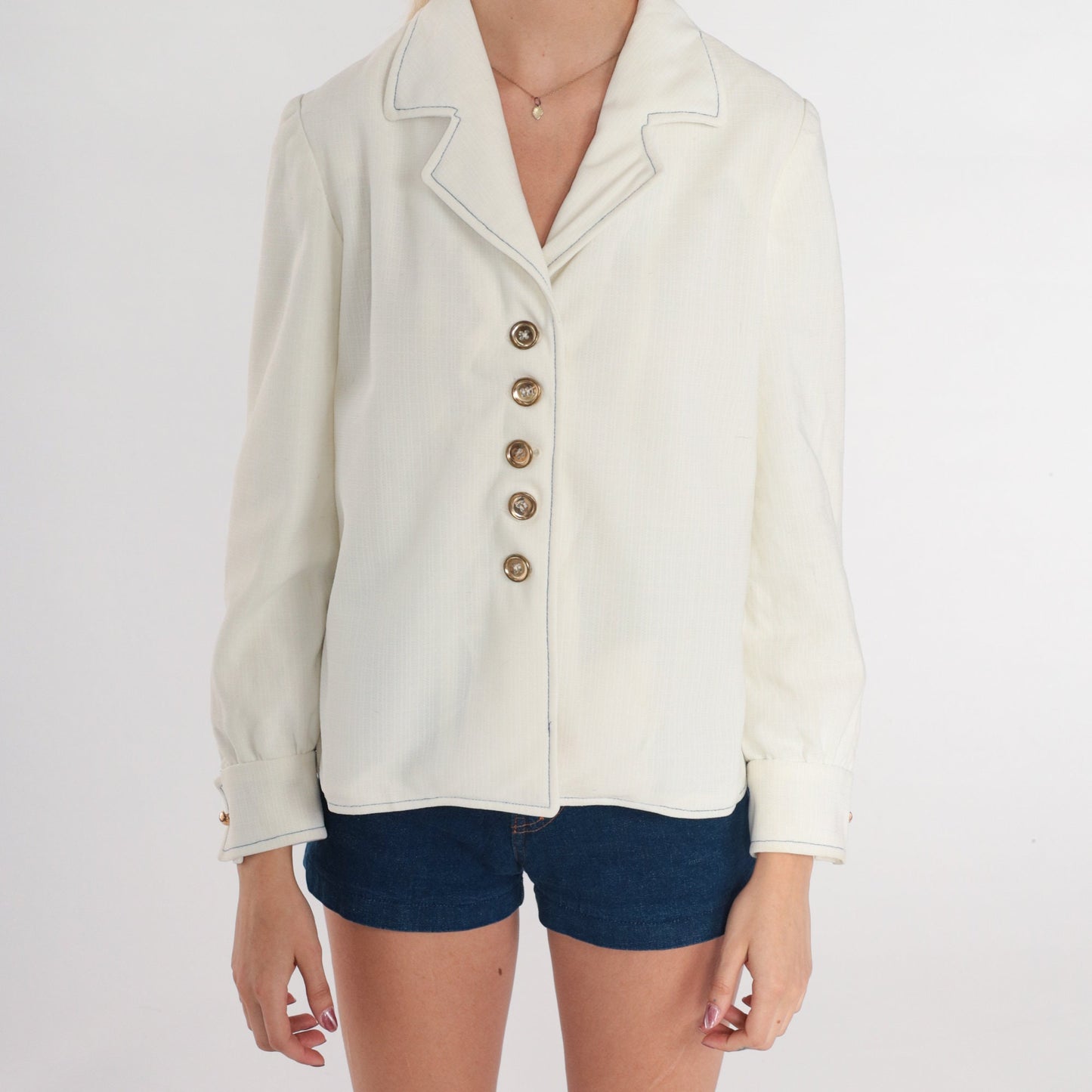 70s White Button-Up Blouse Notched Collar Long Sleeve Small