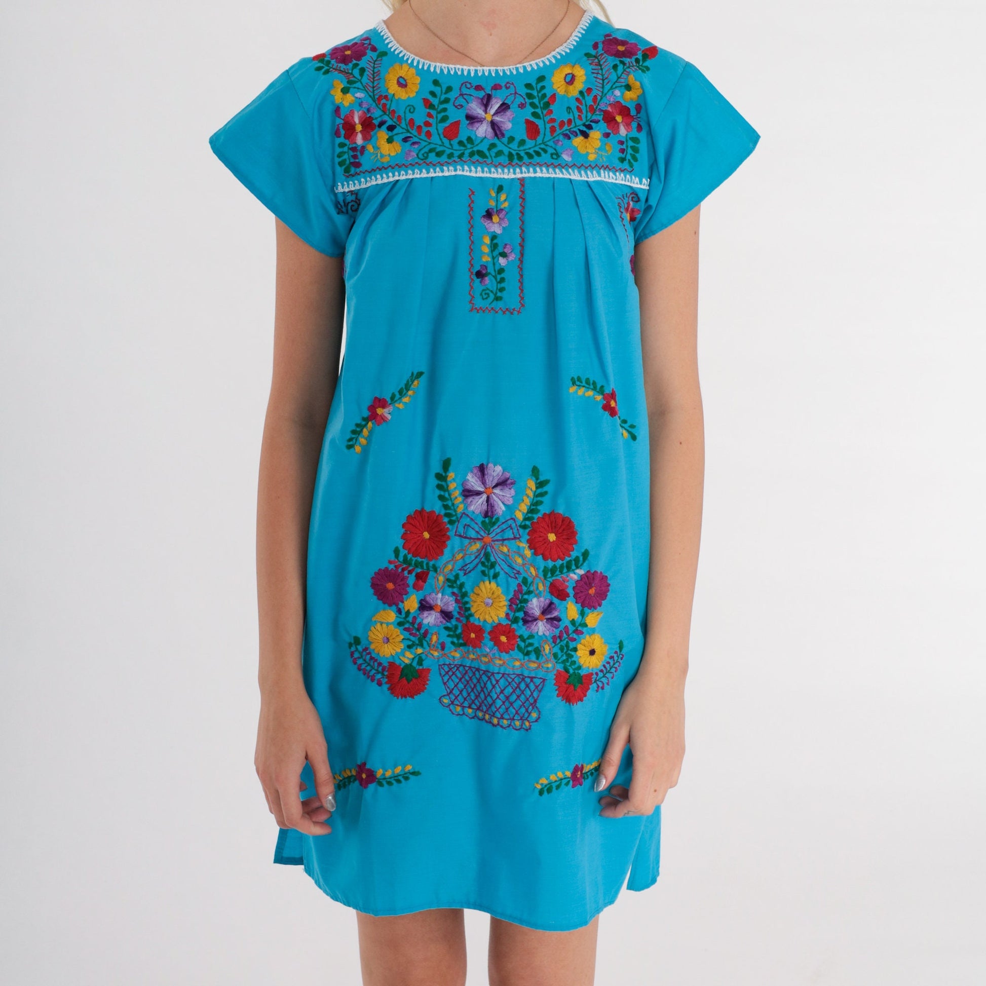 90s Mexican Floral Embroidered Mini Dress Blue Cotton Cap Sleeve Extra Small