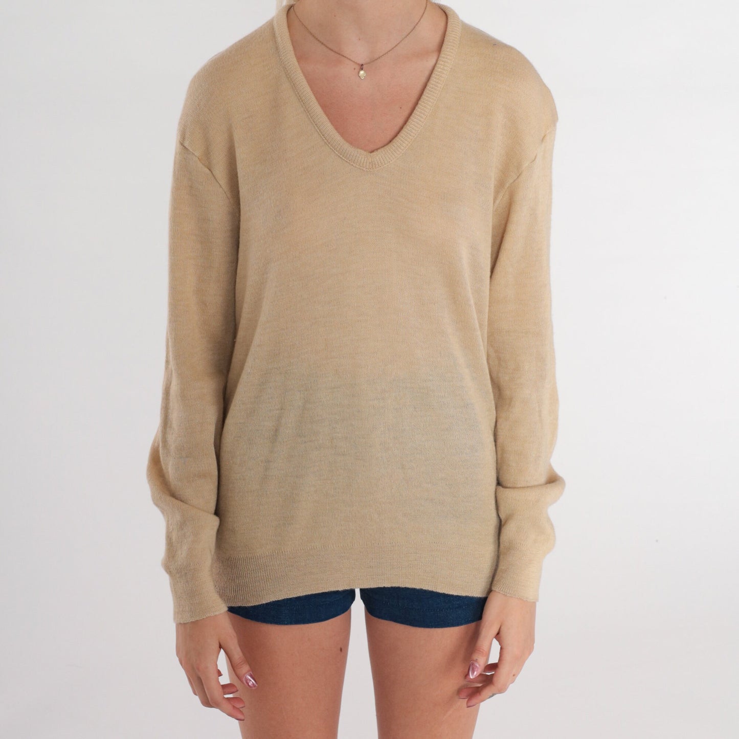 70s Tan V-Neck Knit Sweater Slouchy Pullover Small S