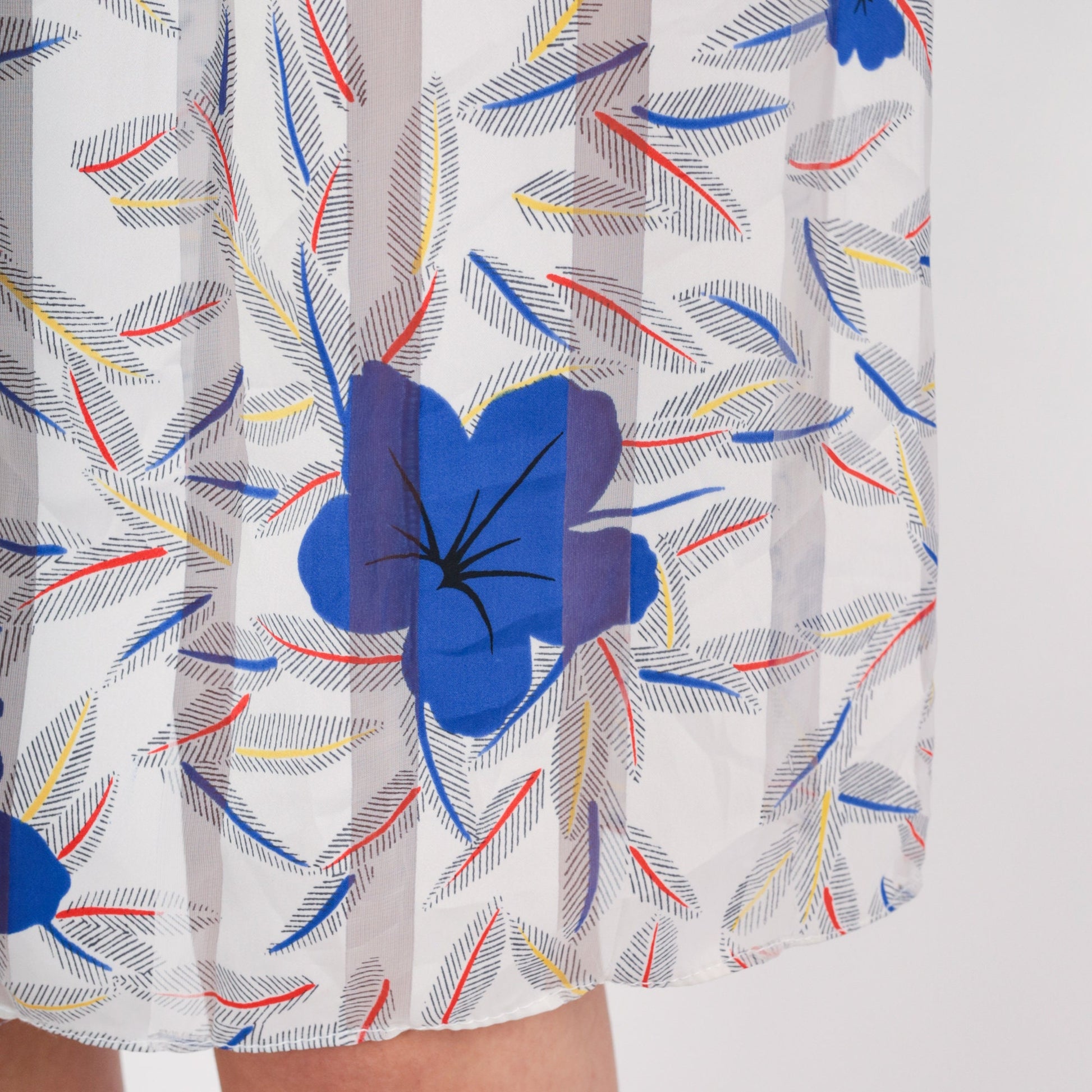 80s Striped Floral Hibiscus Leaf Print Dress High Waist Short Sleeve Knee Length XS
