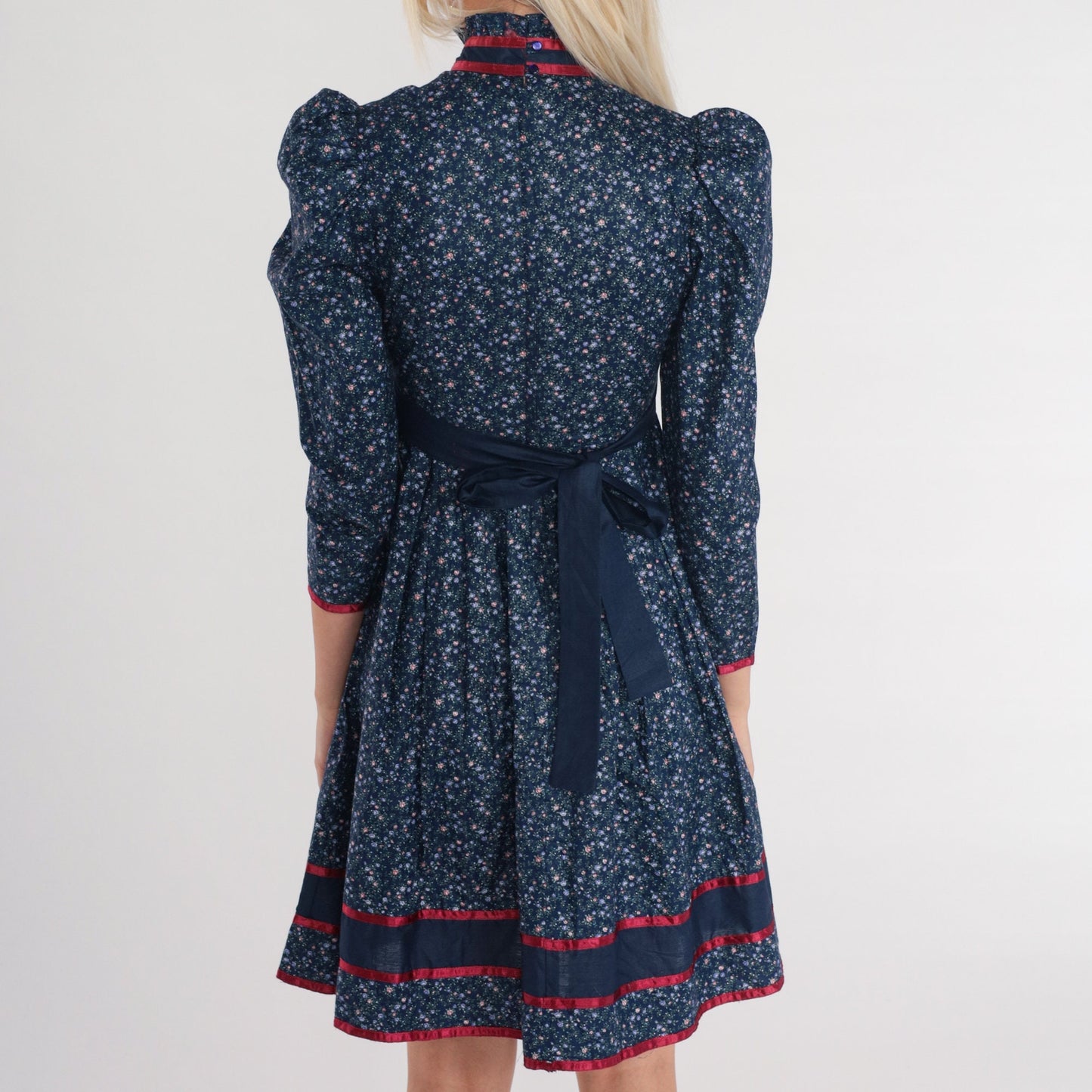 70s Blue Calico Floral Mini Dress Puff Sleeve High Neck Ruffled Babydoll XXS