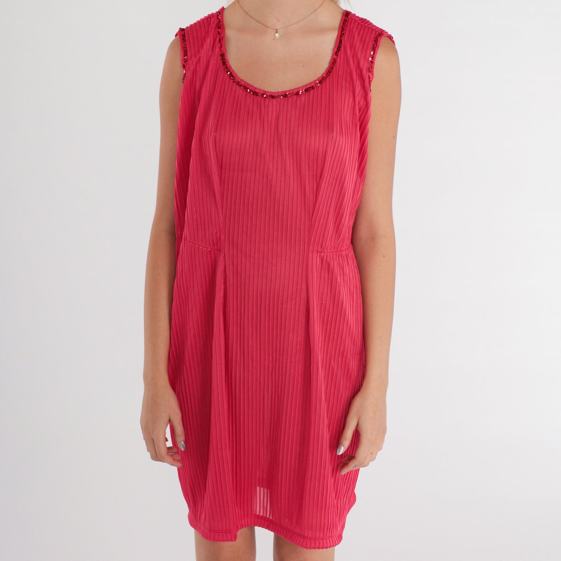 70s Dark Pink Mini Dress Sequin Trim Pleated Shift Sleeveless XS