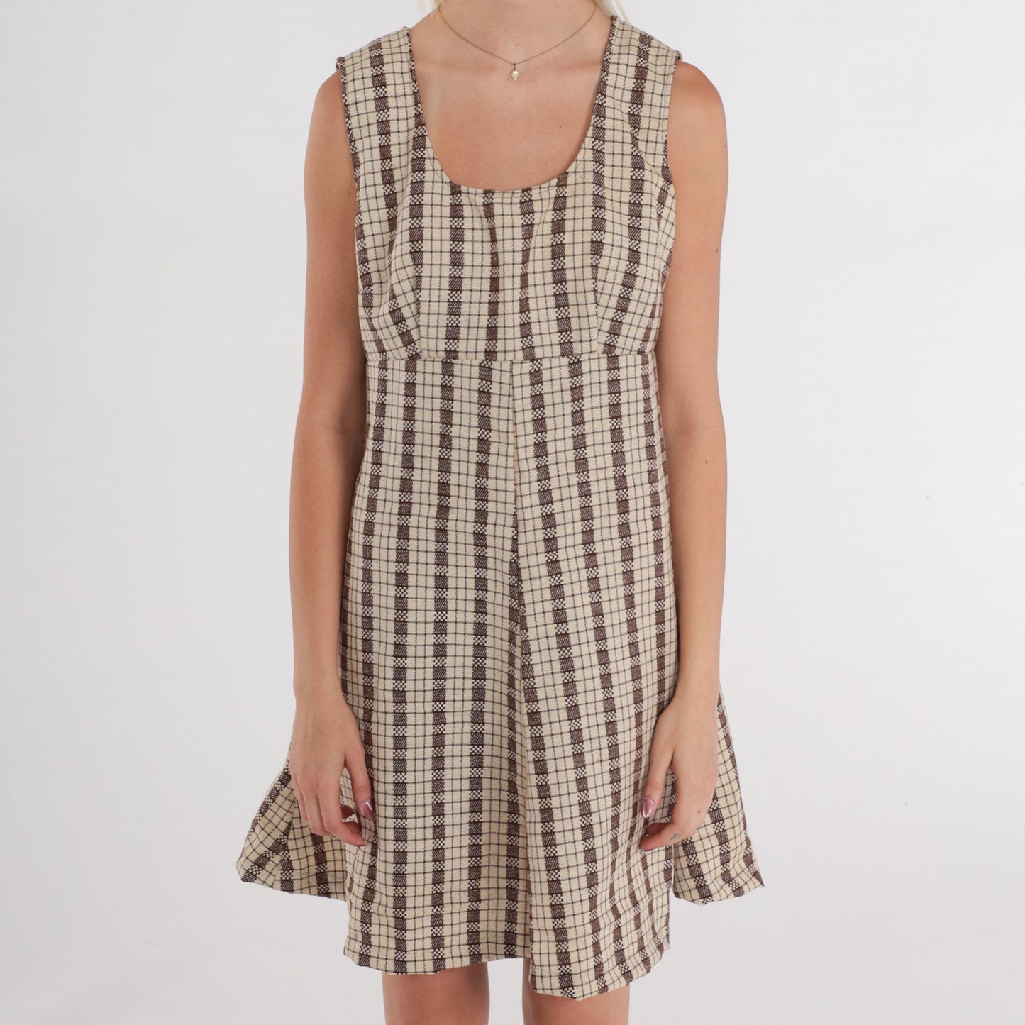 1960s Cream Brown Checkered Mini Dress Empire Waist Sleeveless Medium