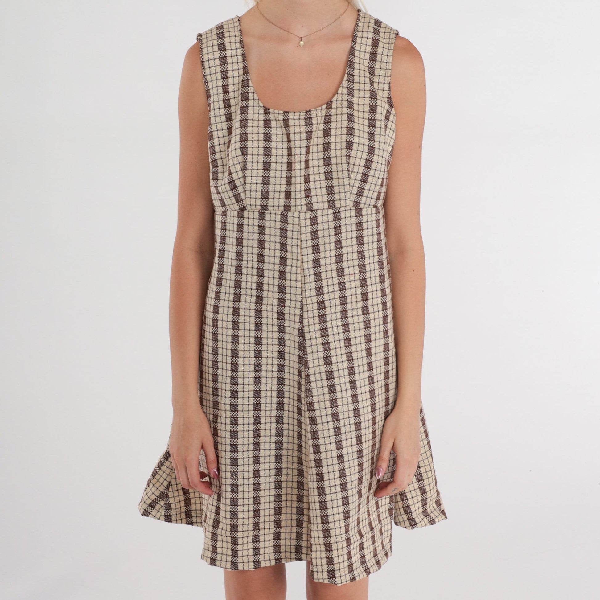1960s Cream Brown Checkered Mini Dress Empire Waist Sleeveless Medium