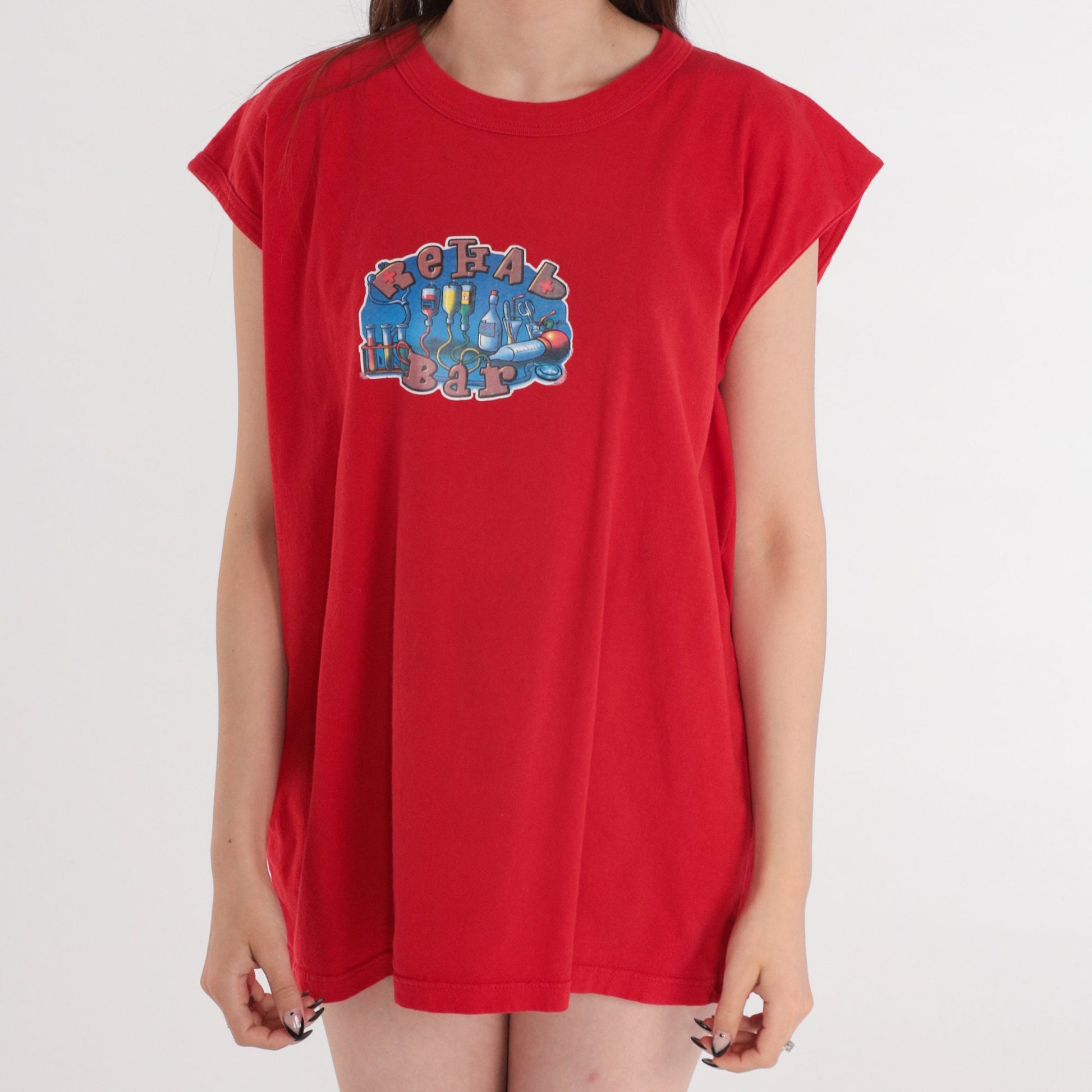 00s Rehab Bar Ios Island Greece Muscle Tank Top Red Graphic Large L