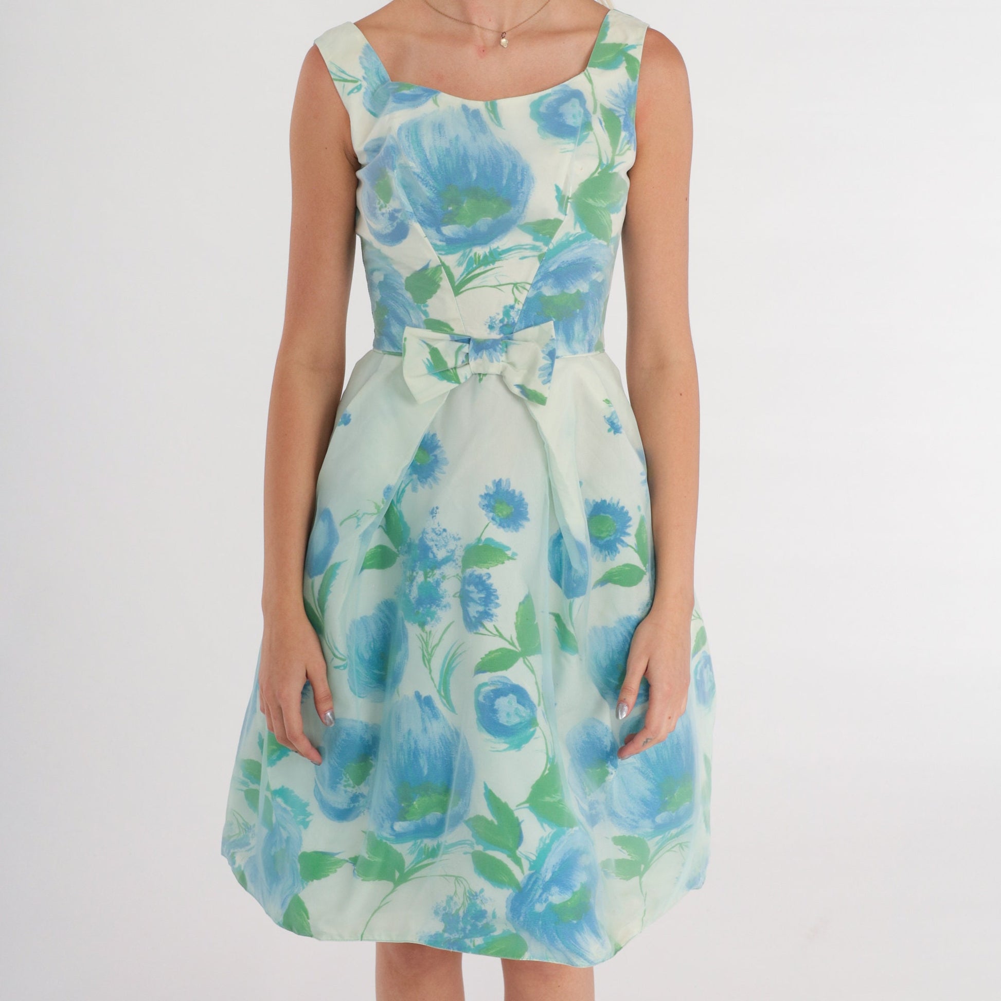 1960s White Floral Blue Mini Dress Bow Waist Sleeveless XXS