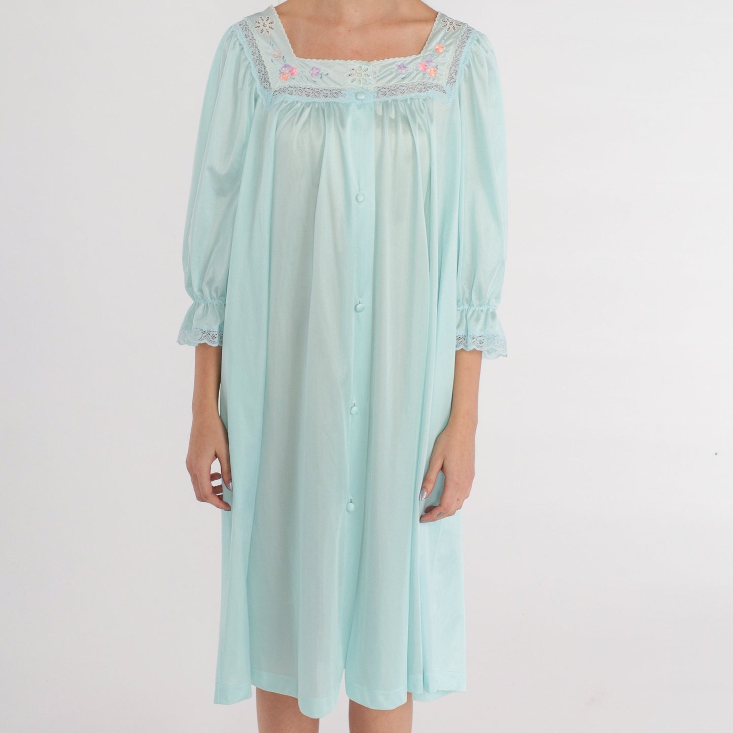 70s Blue Floral Embroidered Nylon Pajama Dress Midi Nightgown Large L