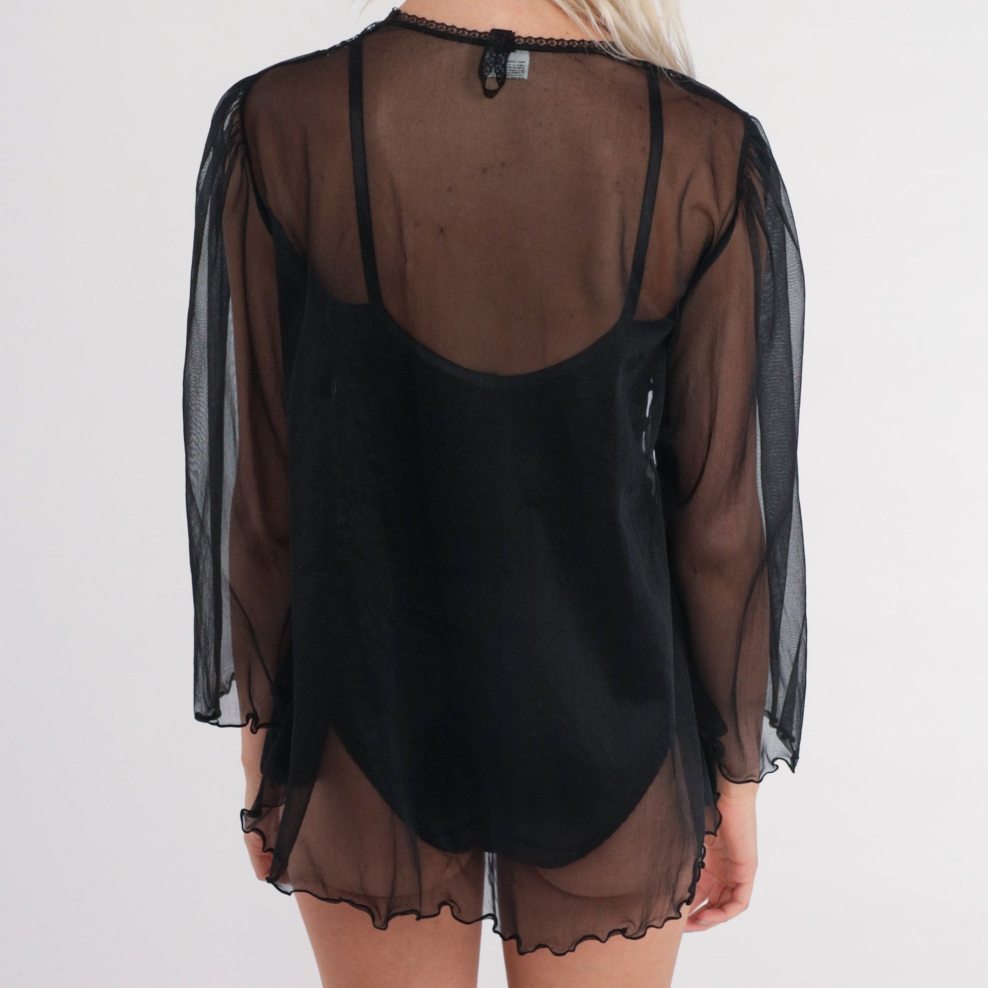 90s Black Sheer Mesh Bed Jacket Open Front Lounge Robe Medium M