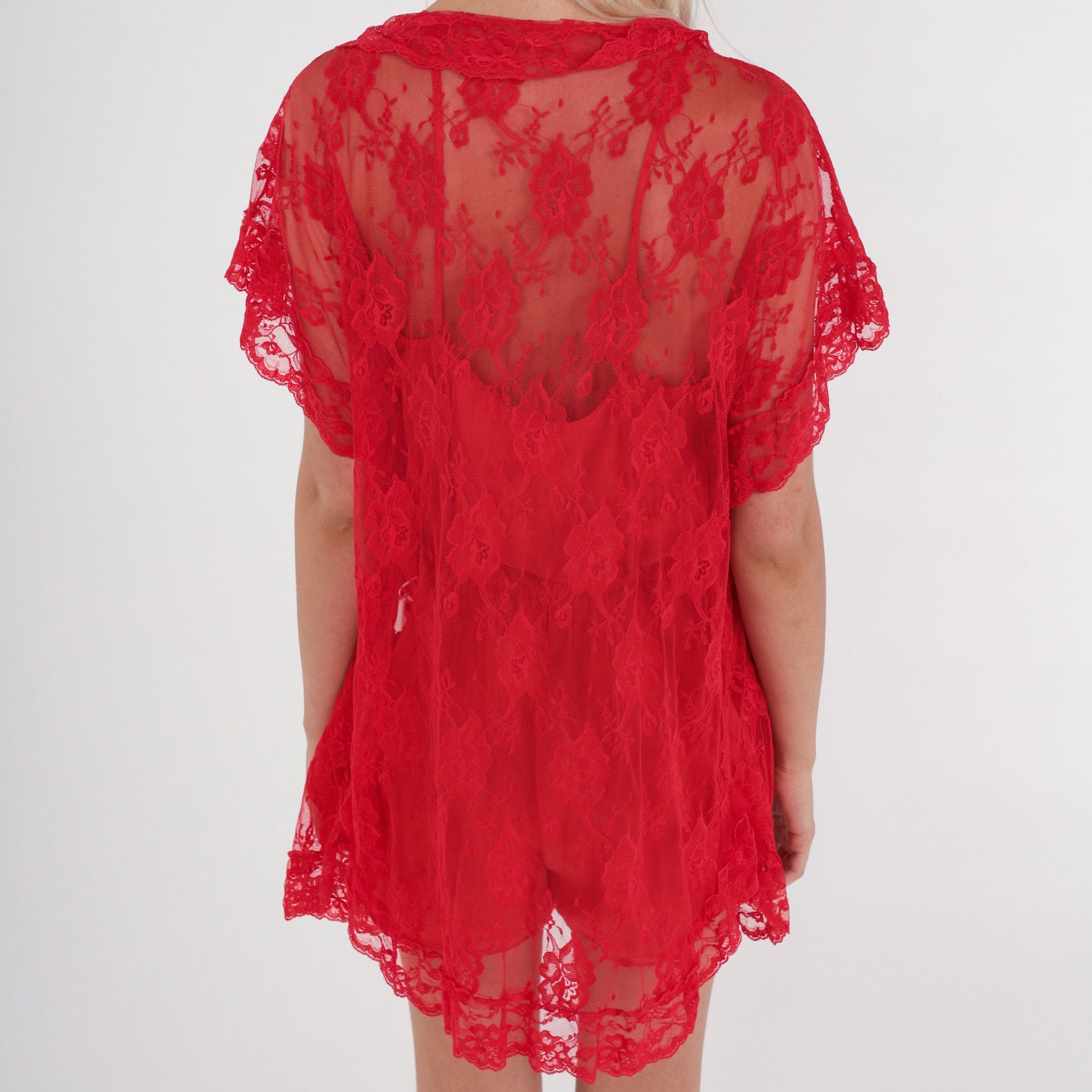80s Mervyn's Red Lace Floral Lingerie Robe Open Front Short Sleeve One Size