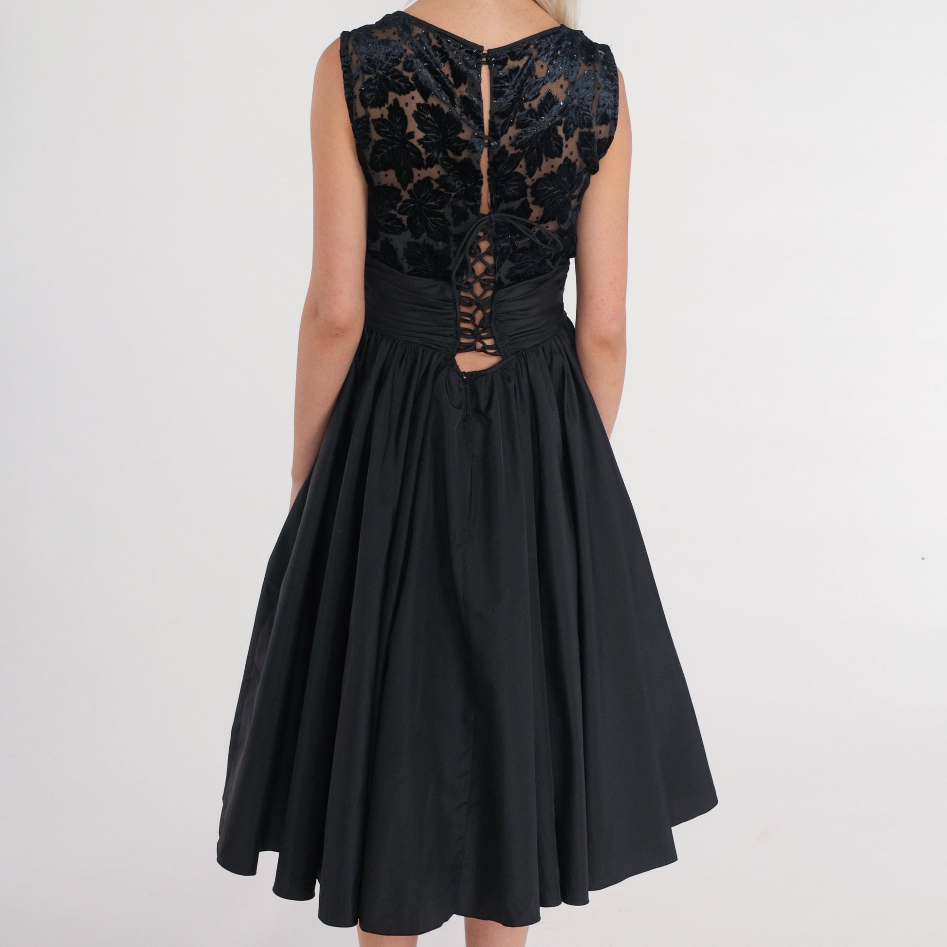 80s Black Velvet Burnout Midi Dress Beaded Rosette V-Neck Lace-Up Back Small