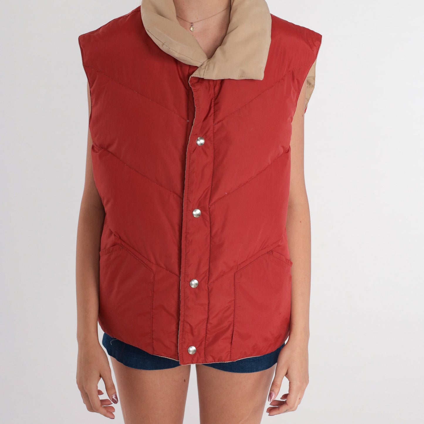 70s Reversible Puffer Vest Rust Brown Tan Down Nylon Snap Sleeveless Large