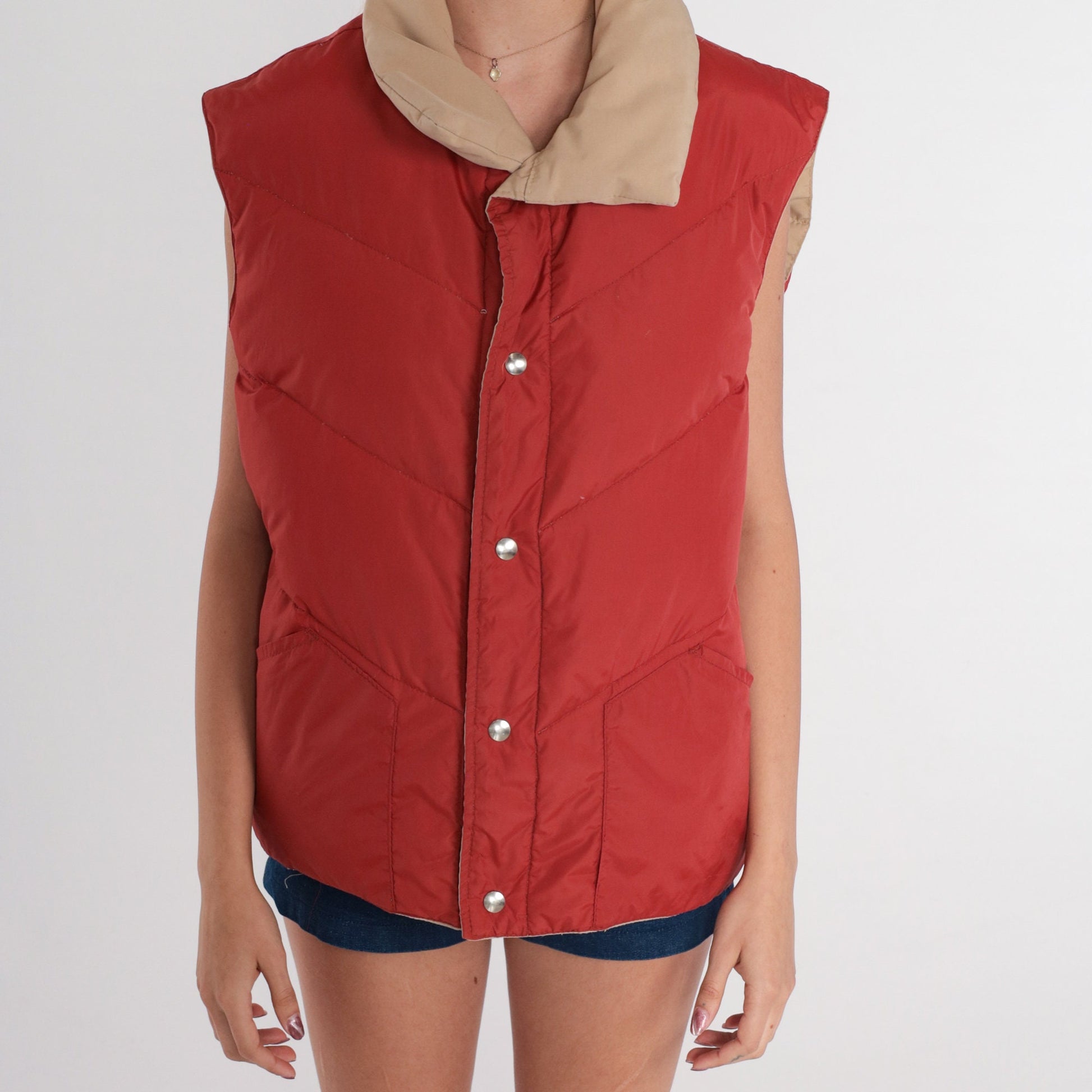 70s Reversible Puffer Vest Rust Brown Tan Down Nylon Snap Sleeveless Large