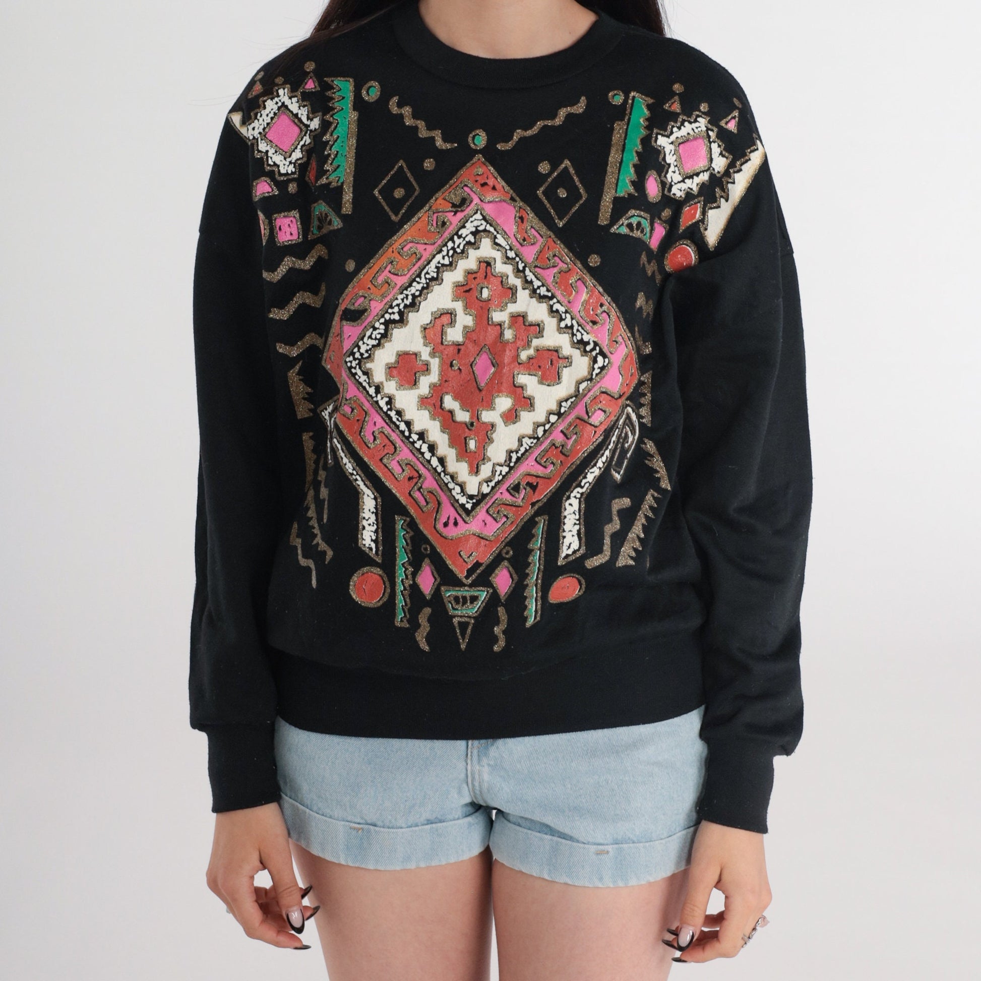 90s Southwestern Geometric Glitter Sweatshirt Black Gold Crewneck Small Medium
