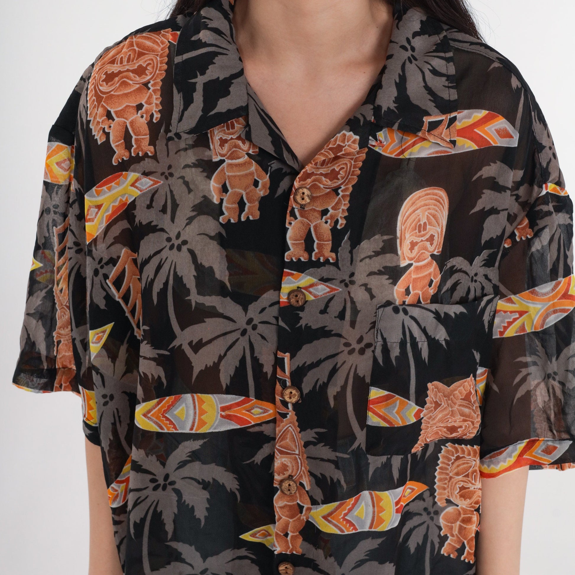 Y2K Hawaiian Tiki Surfboard Button-Up Shirt Black Extra Large XXL