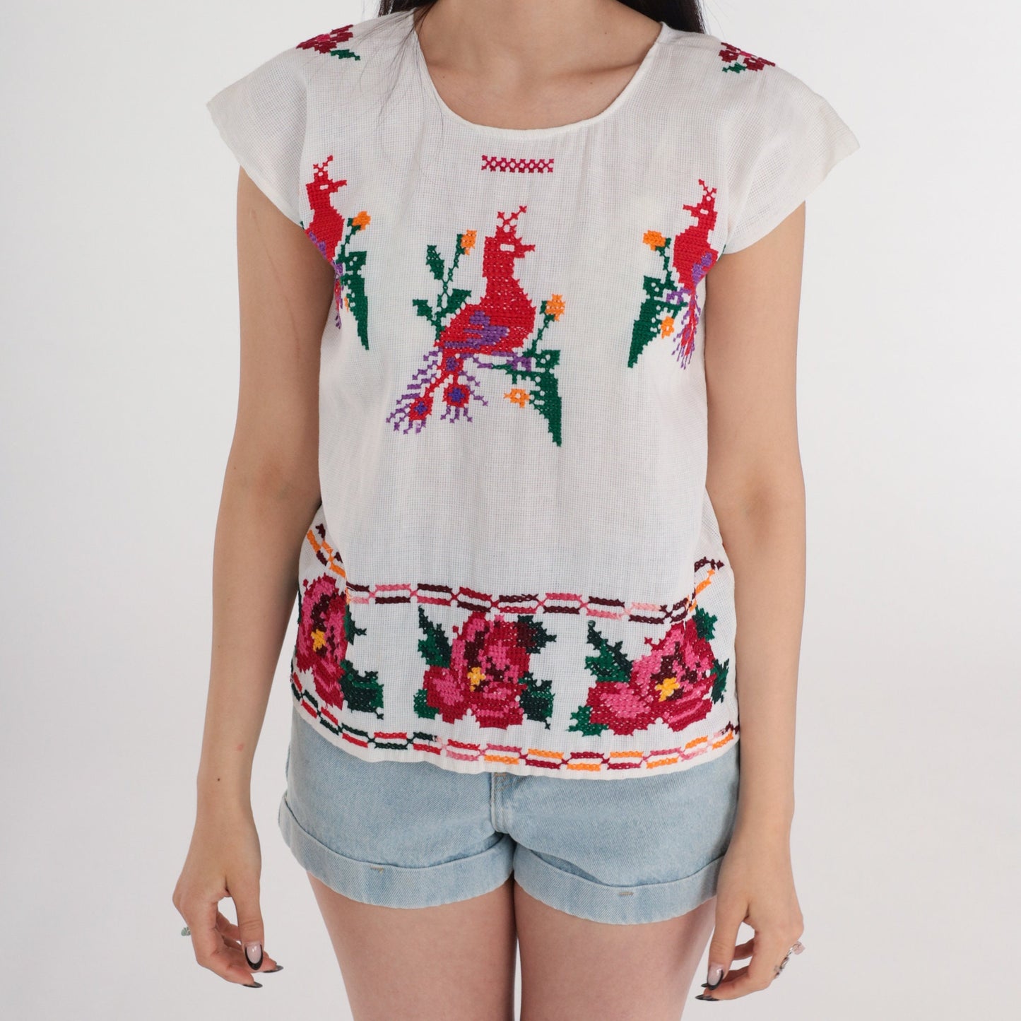 1990s Mexican Embroidered Peacock Blouse White Cotton Tunic Extra Small