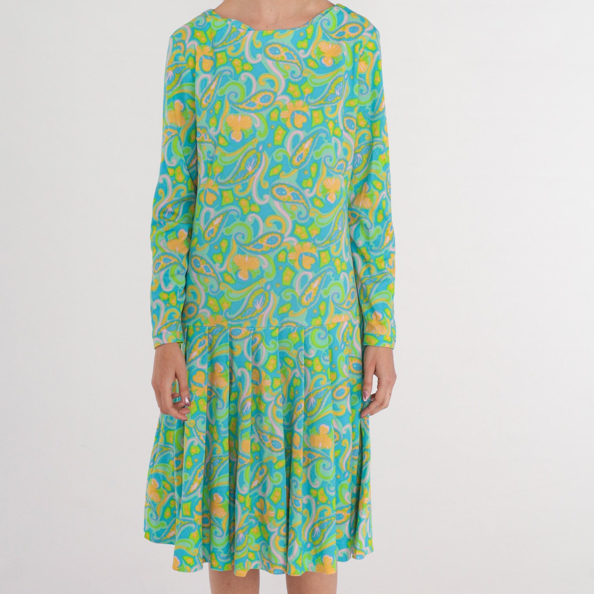 70s Green Paisley Midi Dress Long Sleeve Drop Waist Pleated Large L