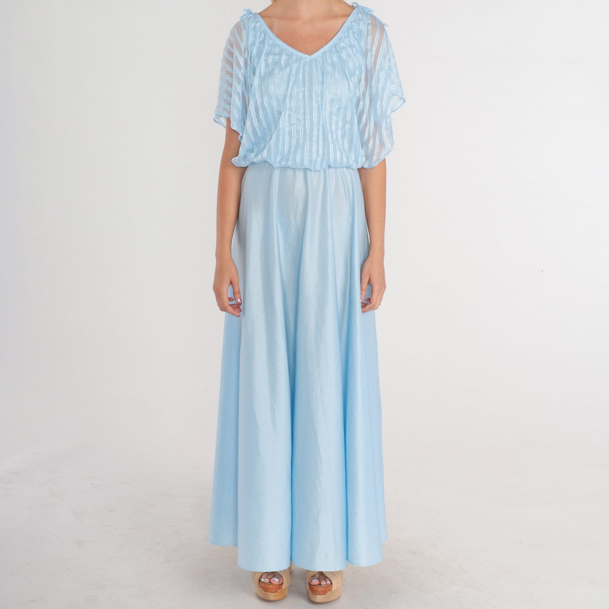 70s Baby Blue Maxi Dress Grecian High Waisted Flutter Sleeve Small XS