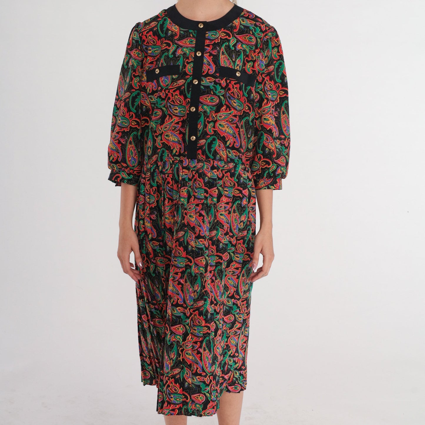 80s Black Paisley Midi Dress Puff Sleeve Button-Up Shirtwaist Medium M