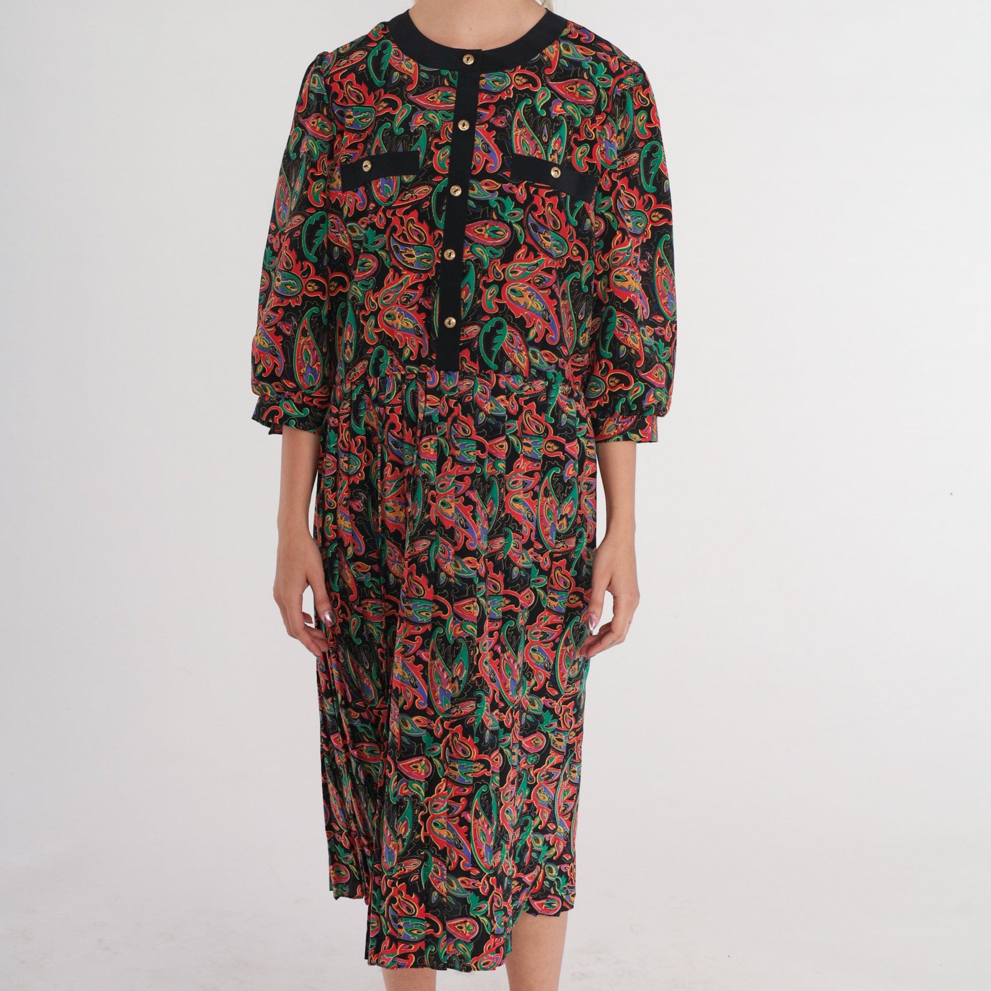 80s Black Paisley Midi Dress Puff Sleeve Button-Up Shirtwaist Medium M