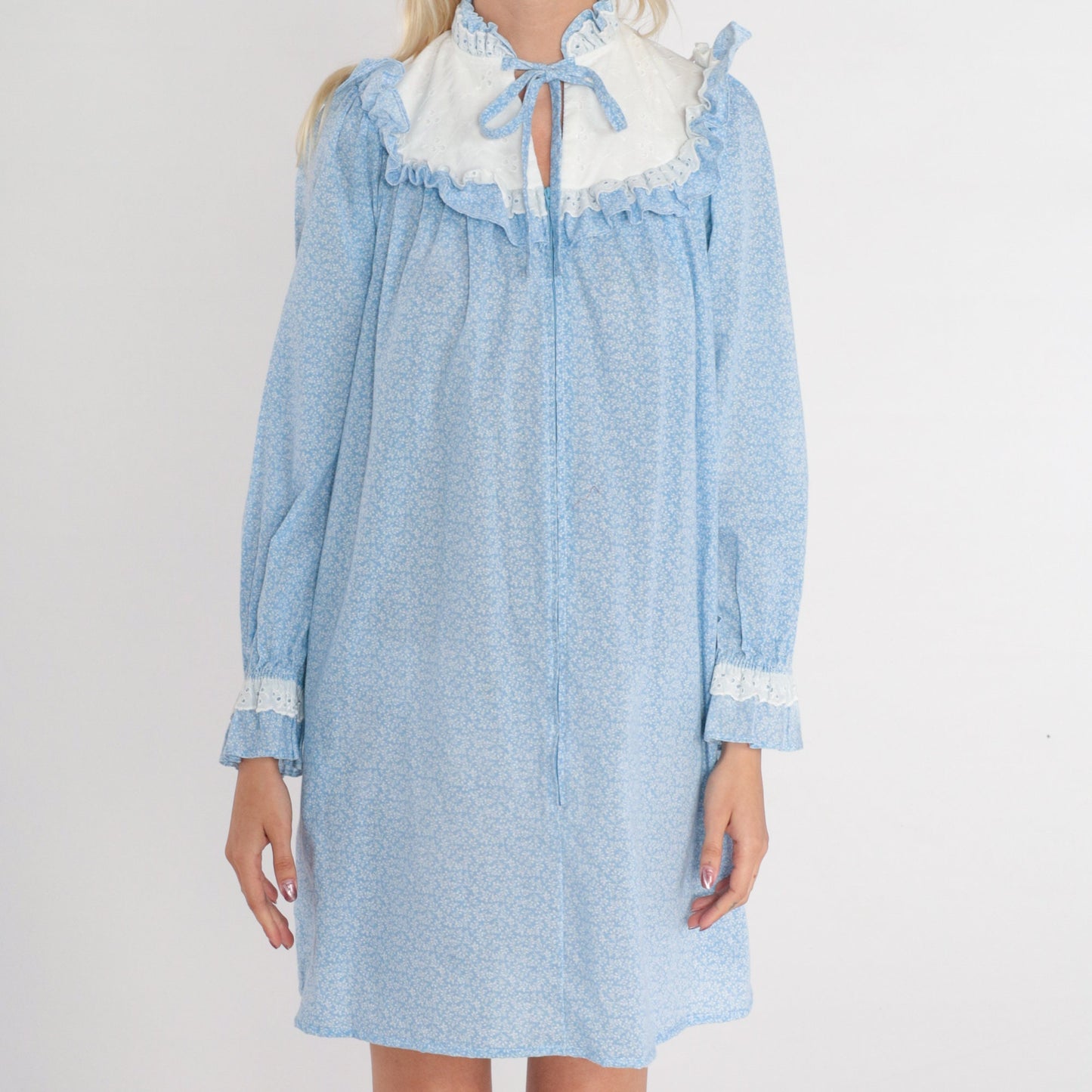 80s Blue Floral Mini Dress Eyelet Bib Puff Sleeve Calico Extra Small