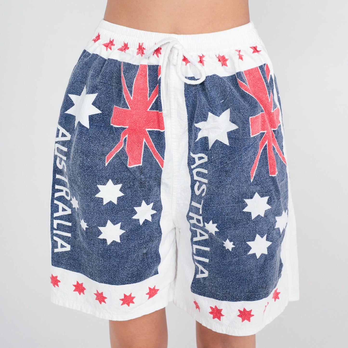90s Australia Flag Print Drawstring Shorts Cotton High Waist Small Medium
