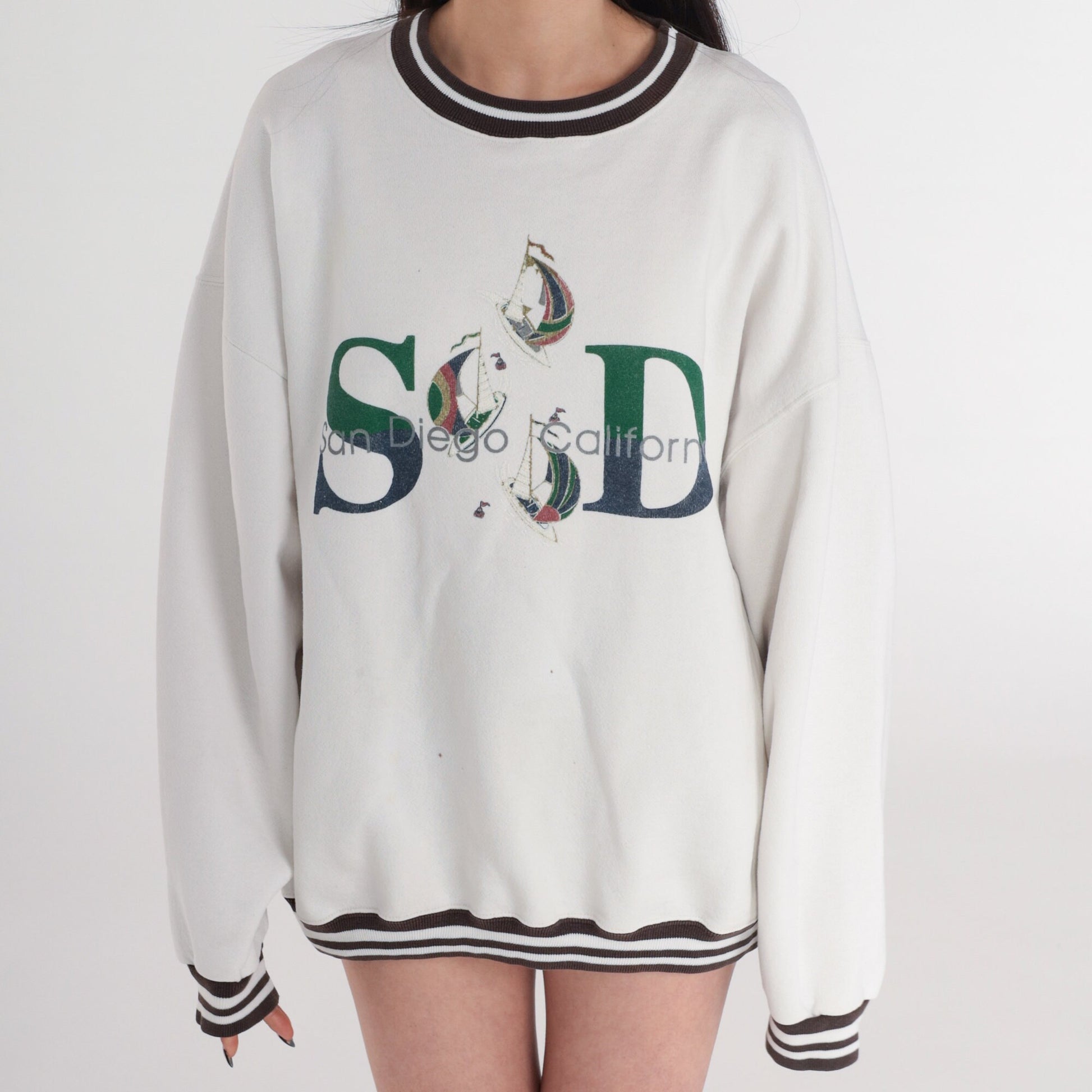 90s San Diego Sailboat Sweatshirt White Brown Graphic Ringer Neck XXL