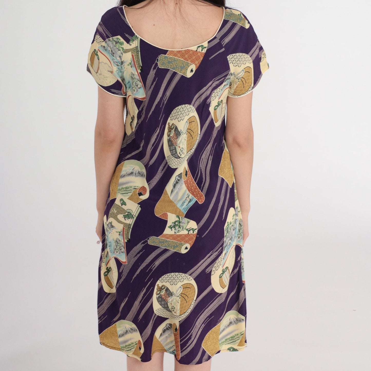 90s Japanese Landscape Purple Shift Dress Mini Short Sleeve Small S