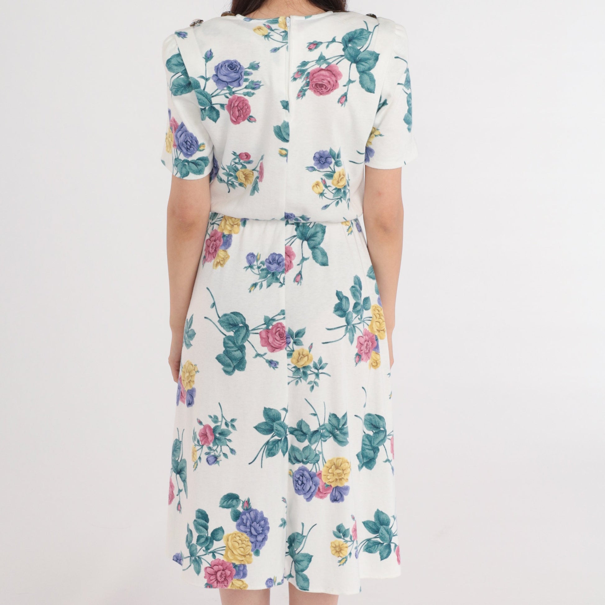 80s White Floral Midi Dress High Waist Puff Sleeve Button Shoulder Small