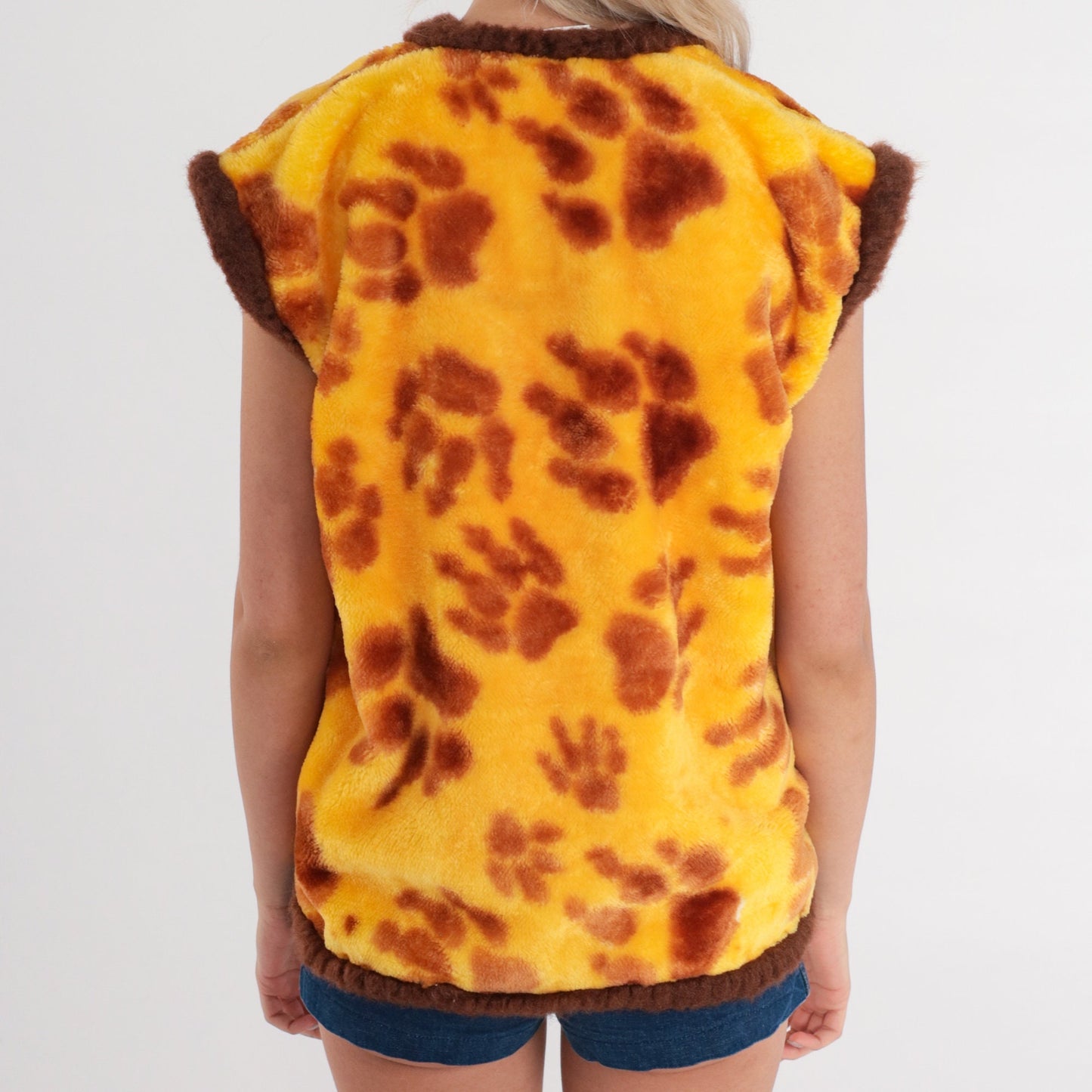 80s Yellow Fleece Vest Paw Print Button-Up Medium