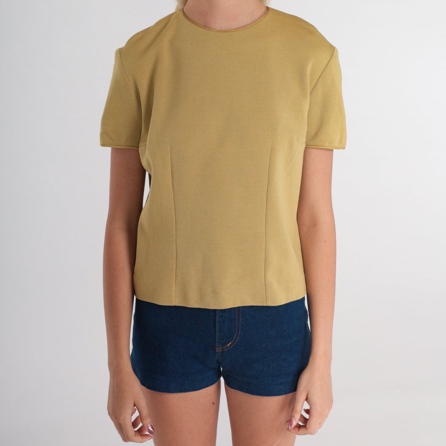 60s Wool Blend Knit Blouse Yellow Tan Short Sleeve Mod Shirt Small