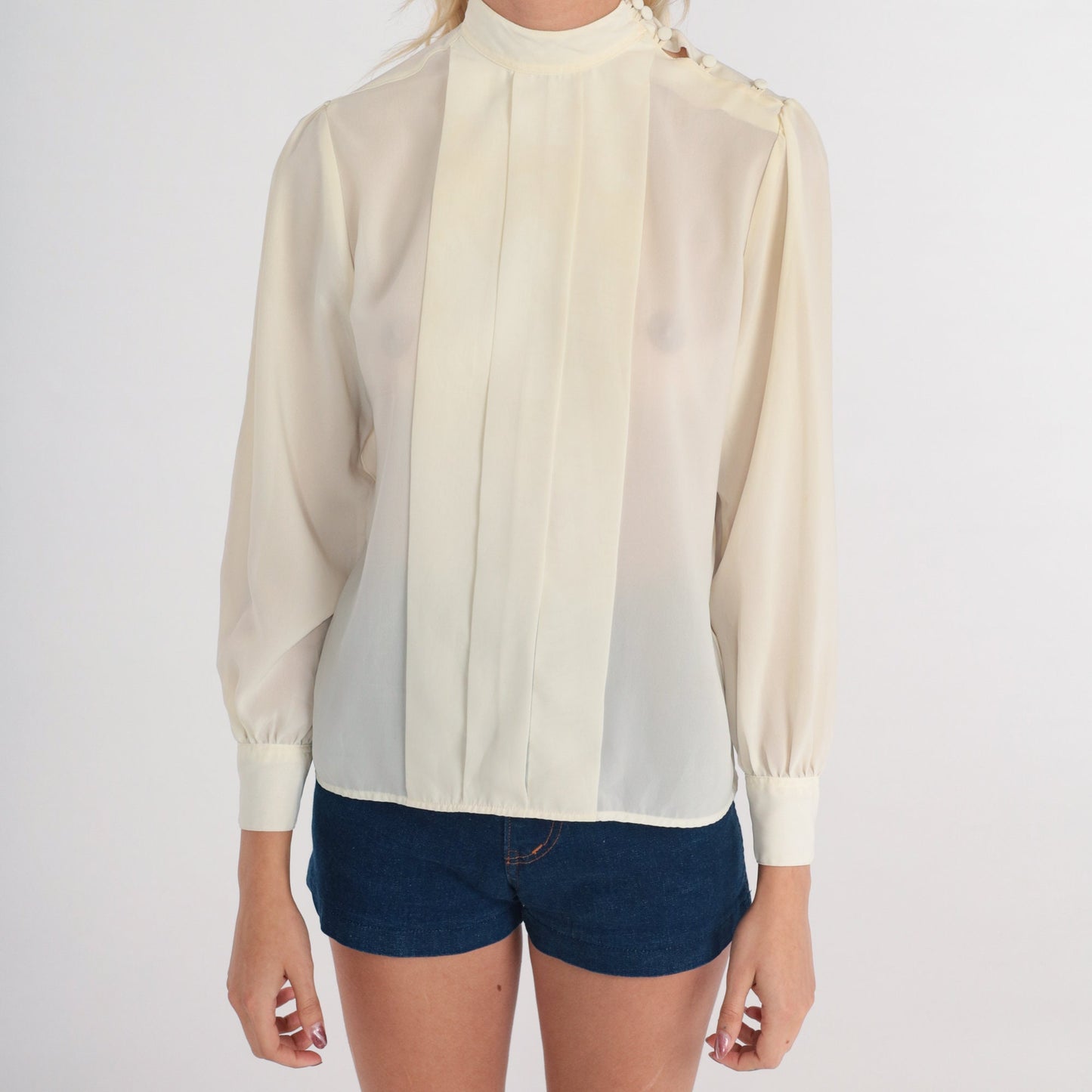 80s Cream Pleated Blouse High Neck Long Sleeve Button Shoulder Extra Small