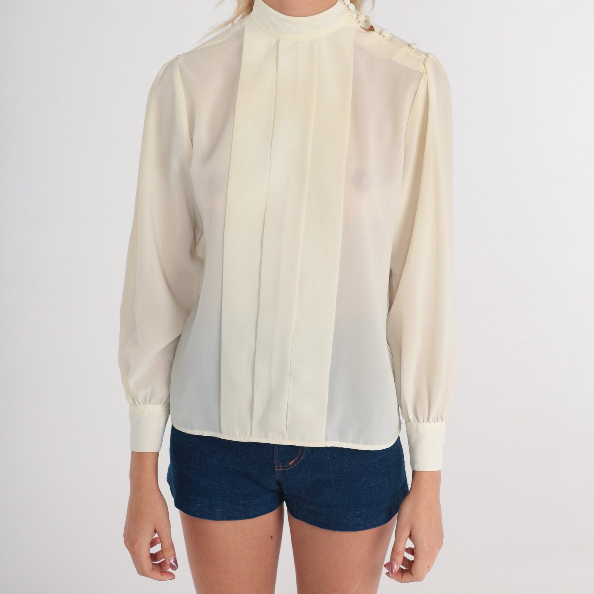 80s Cream Pleated Blouse High Neck Long Sleeve Button Shoulder Extra Small