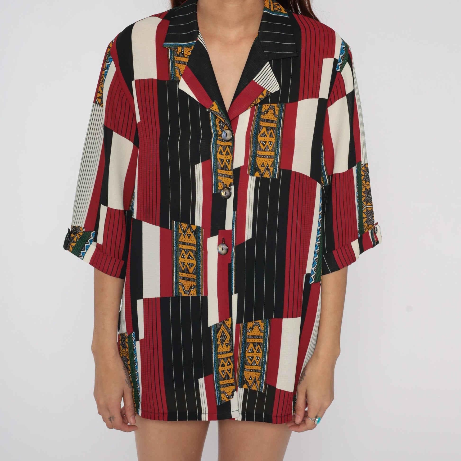 80s Geometric Striped Button Up Shirt Red Black White Yellow Large L