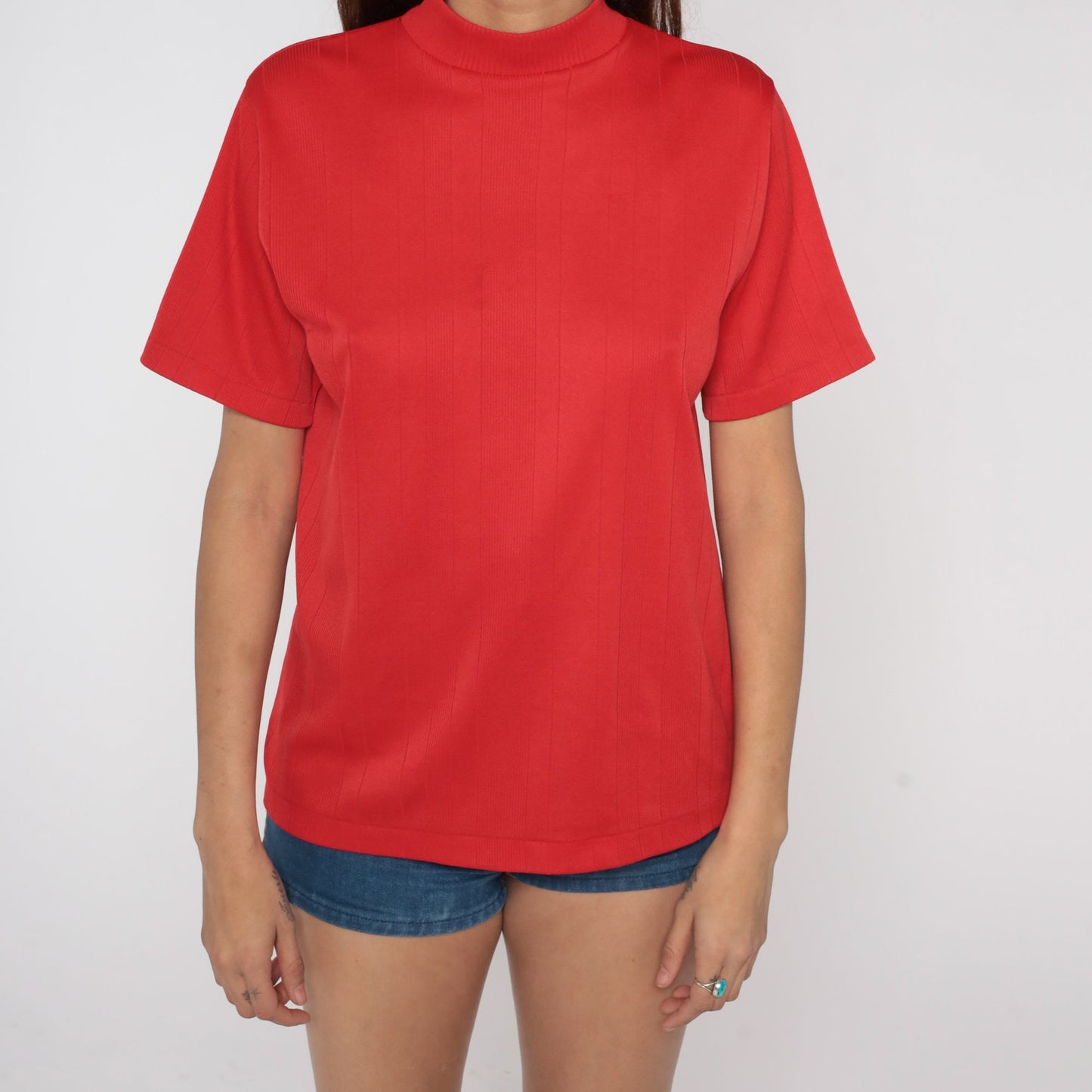 70s Red Mock Neck Ribbed Shirt Short Sleeve Vintage Blouse Medium Large