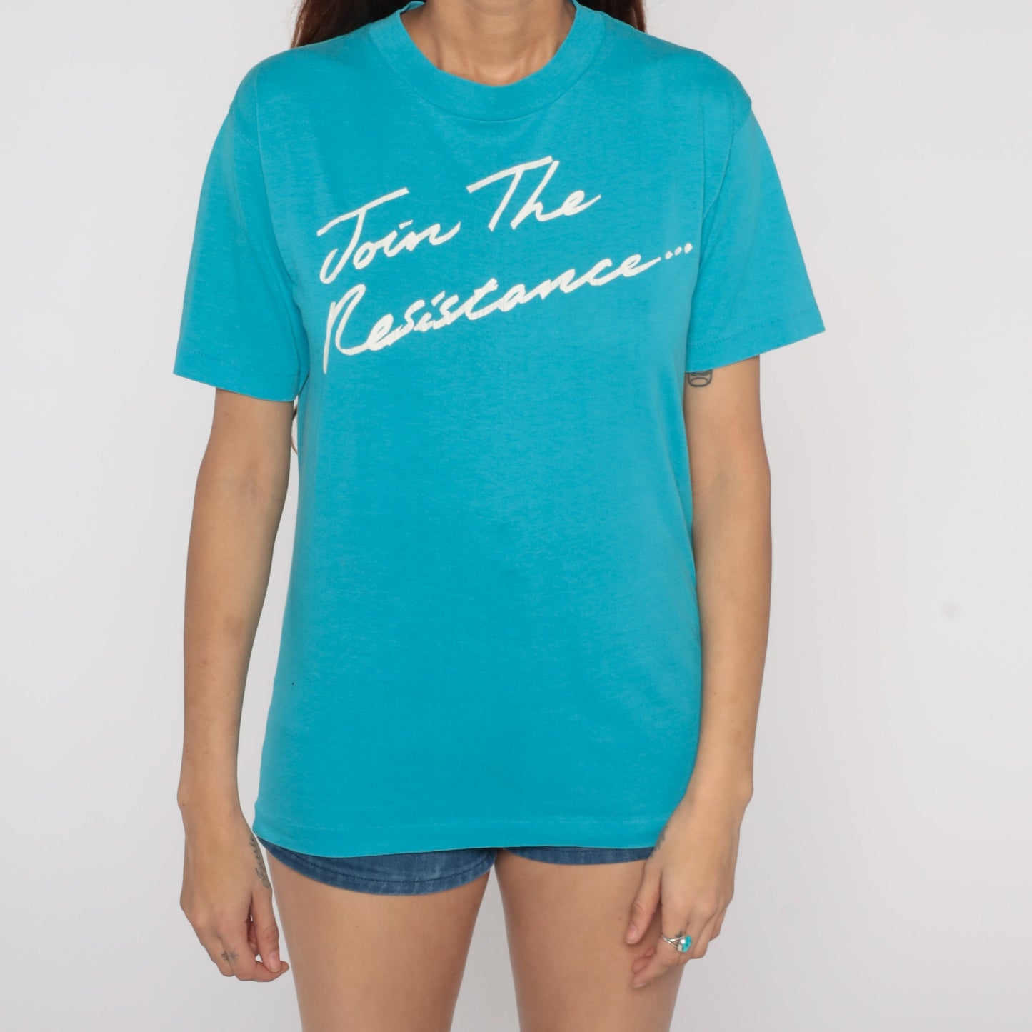 80s Join The Resistance Pump Iron Gym T-Shirt Blue Graphic Tee Medium