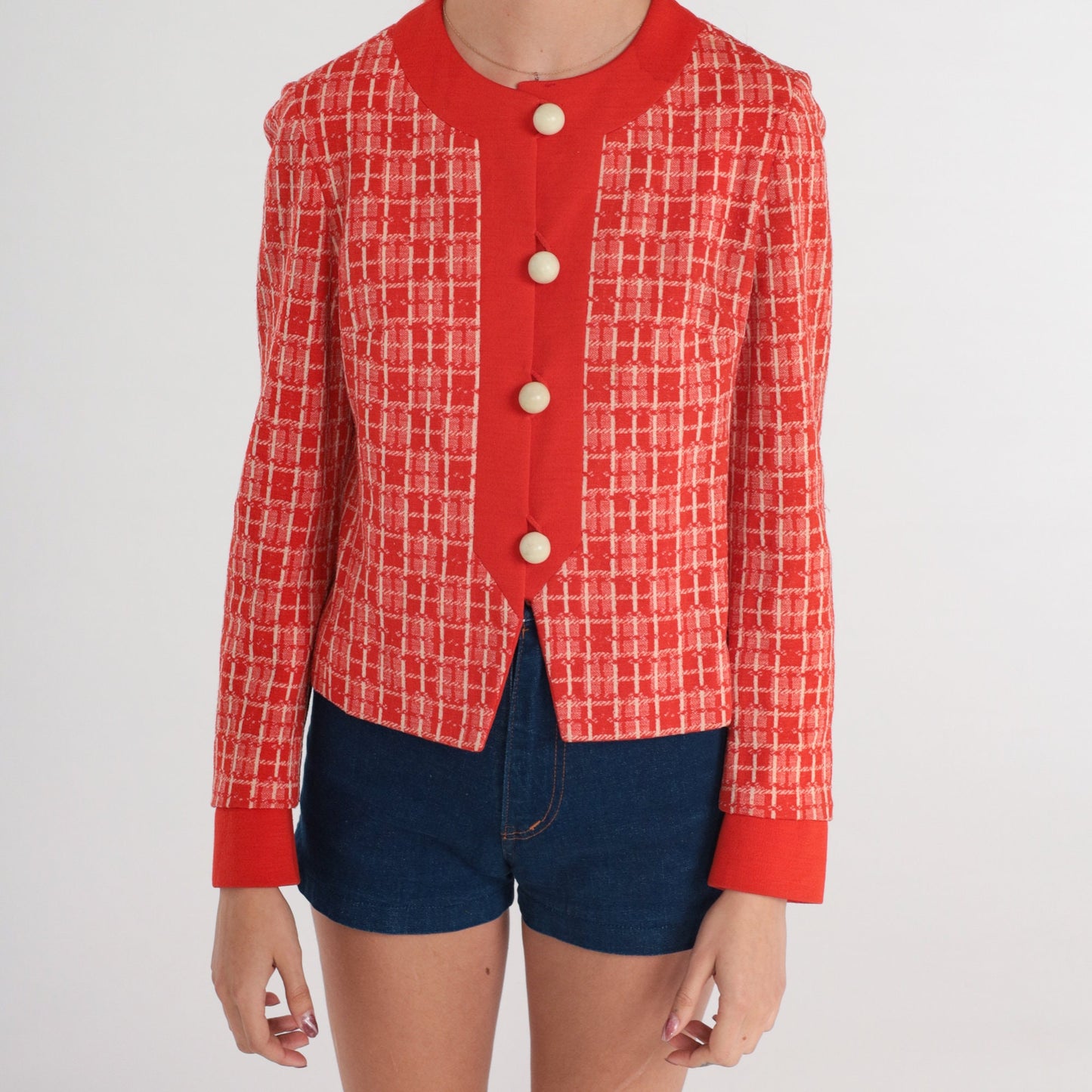 60s Pierre Delaneau Red Checkered Wool Blazer Button-Up Jacket Extra Small