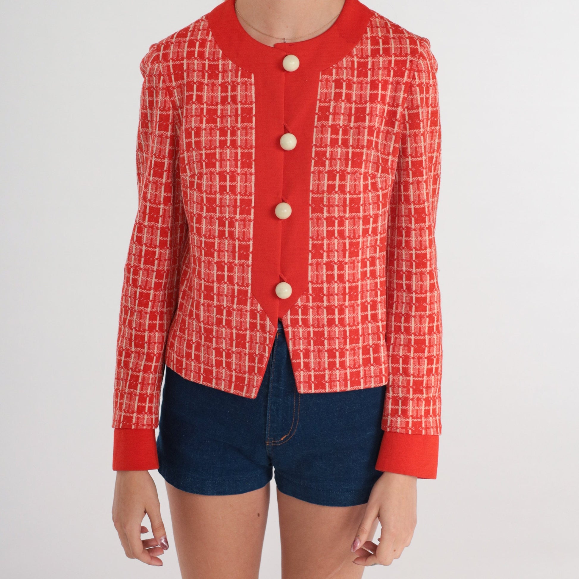 60s Pierre Delaneau Red Checkered Wool Blazer Button-Up Jacket Extra Small