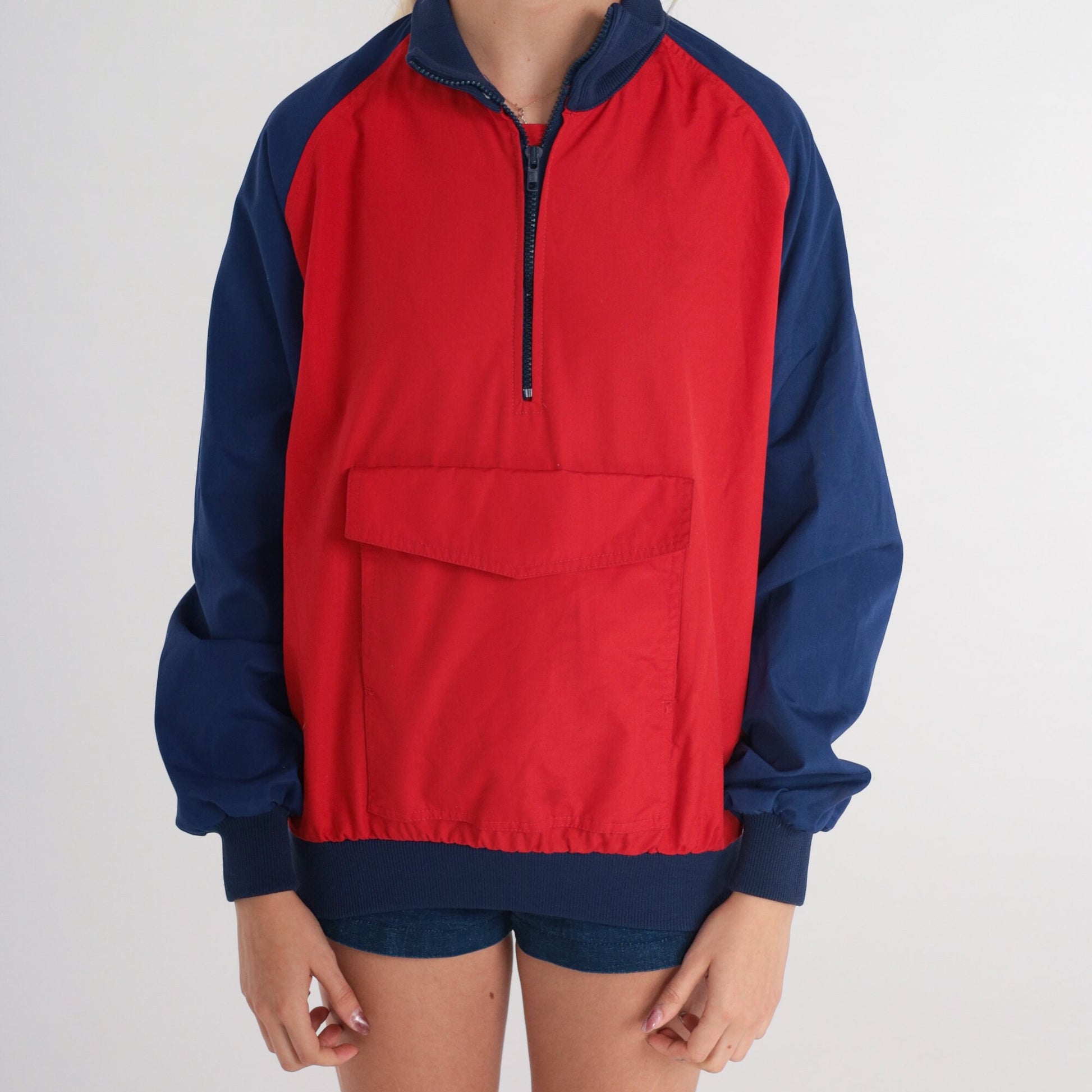 80s Compass Point Color Block Windbreaker Red Blue Quarter Zip Raglan Extra Small