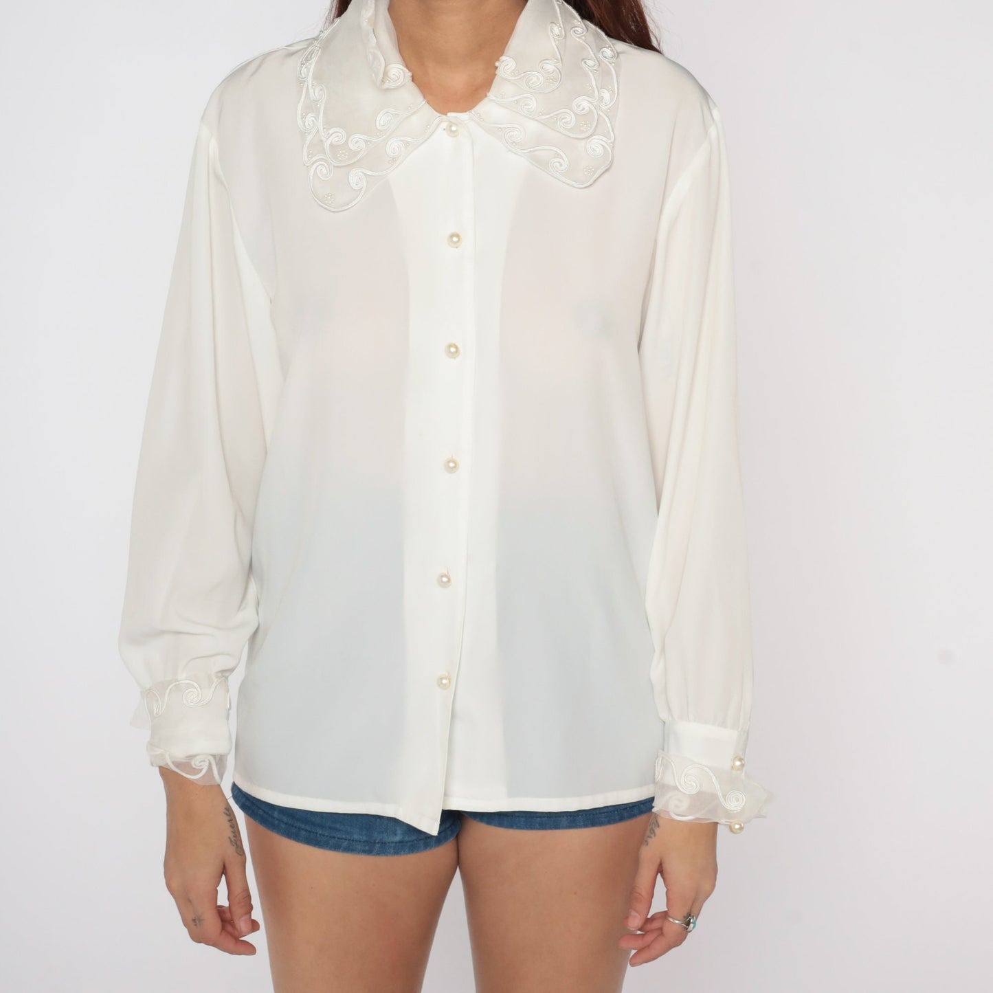 80s White Beaded Blouse Soutache Collar Button-Up Long Sleeve Small